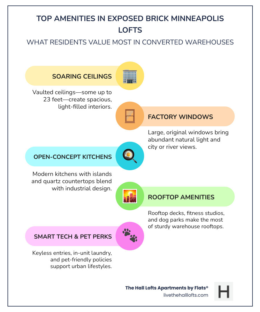 Typical loft amenity stack showing rooftop deck with city views, fitness center with exposed brick walls, in-unit laundry, pet washing station, and secure parking garage - exposed brick apartments minneapolis infographic infographic-line-5-steps-colors
