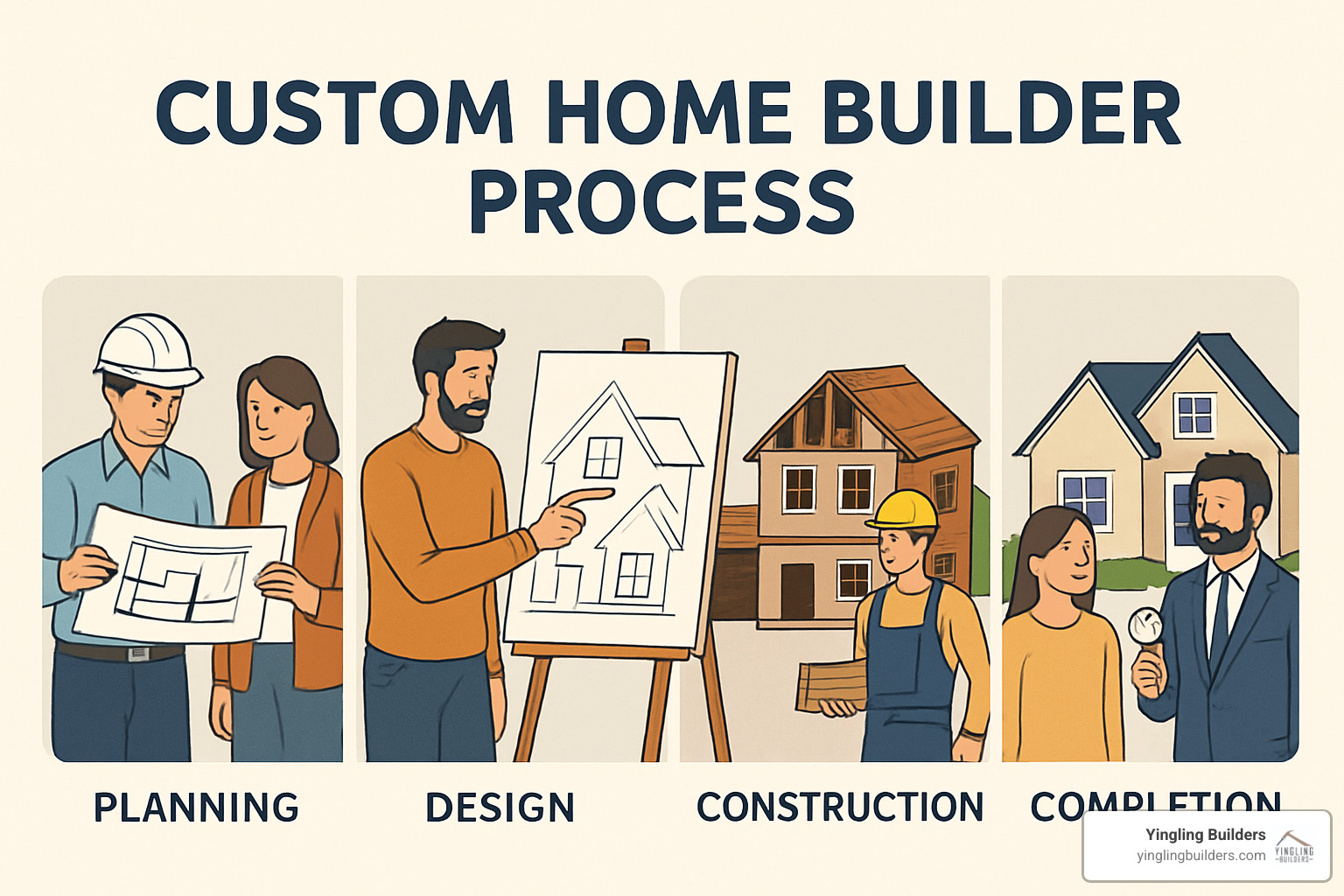 Visual roadmap showing the six phases of custom home building from initial planning through warranty coverage, with key milestones and decision points marked - custom home builder process
