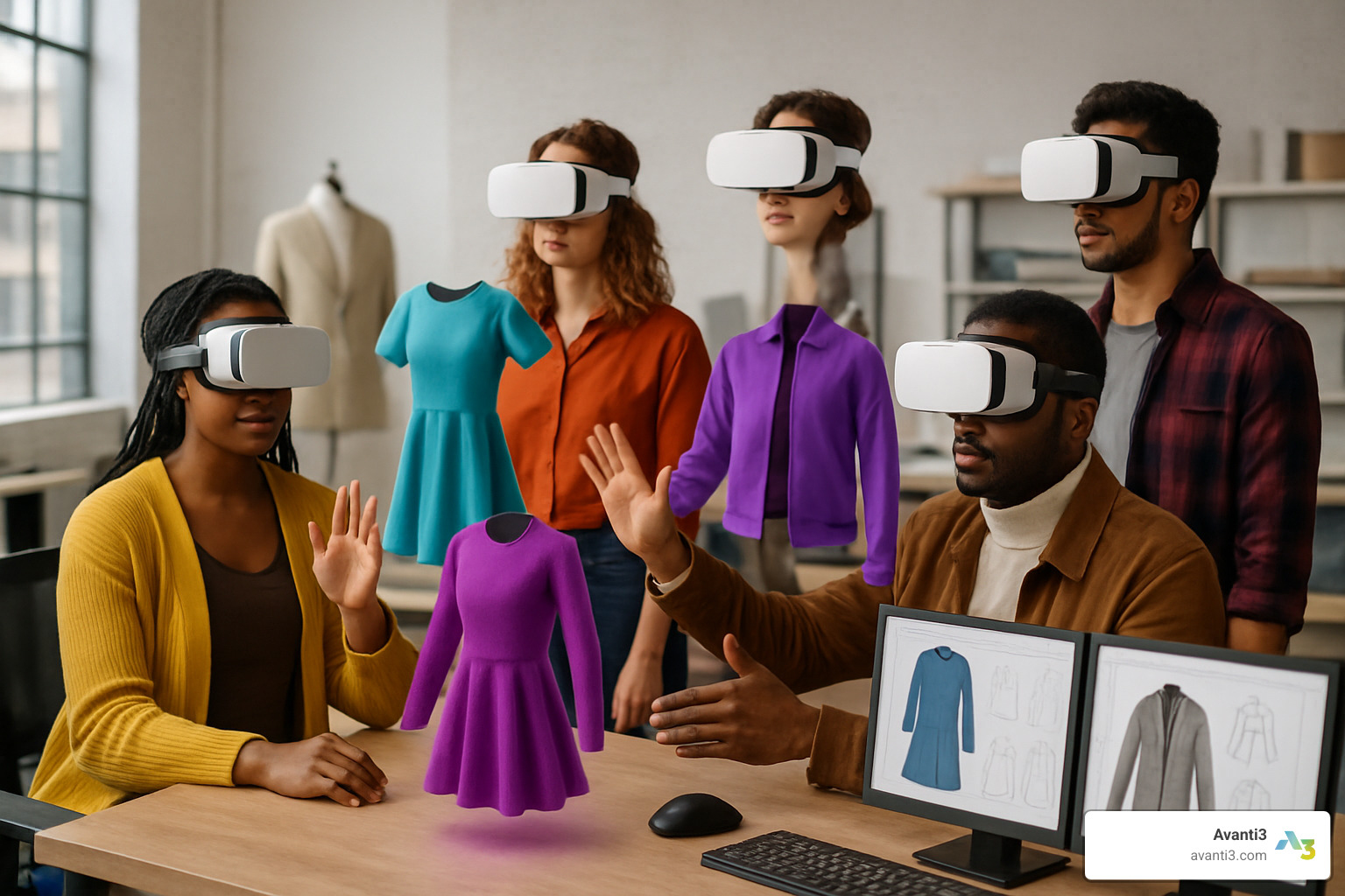 Designers reviewing virtual clothing samples in VR environment - ar and vr fashion experiences