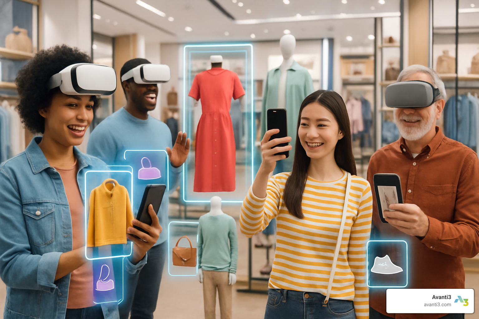 Future shopper navigating mixed reality fashion store with AR and VR elements - ar and vr fashion experiences