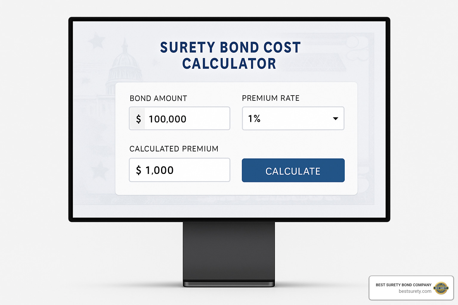 cost calculator interface showing bond amount input and premium calculation - surety bond cost