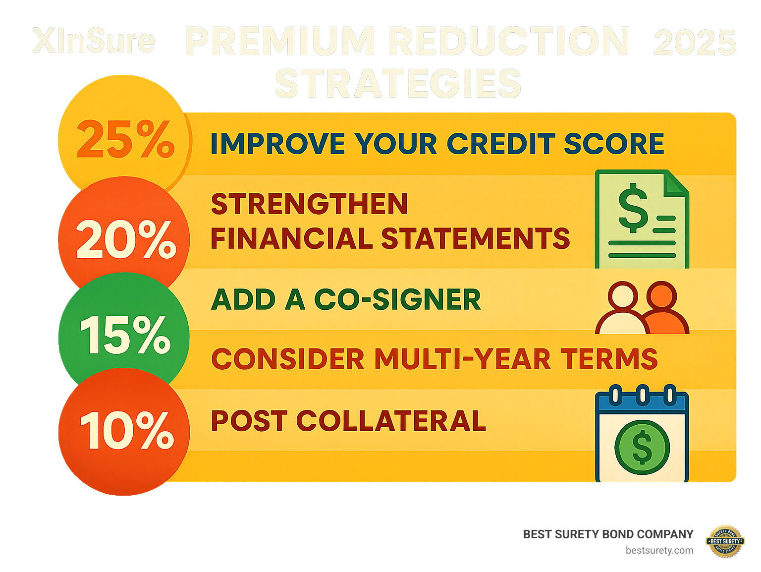 Infographic showing premium reduction strategies with percentages of potential savings for each method - surety bond cost infographic 