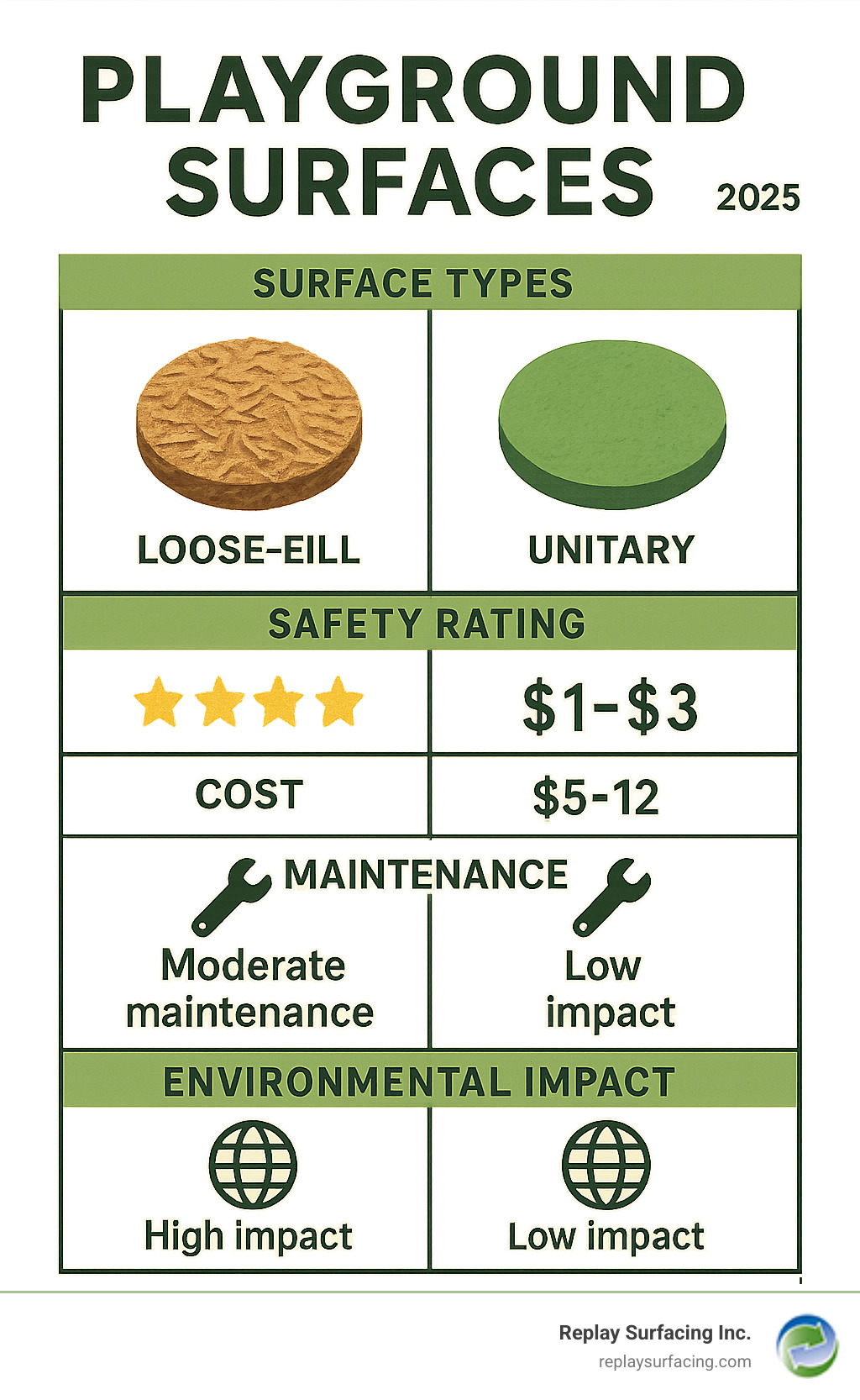 Infographic showing playground surface types with safety ratings, cost comparisons, maintenance requirements, and environmental impact scores for loose-fill versus unitary surfacing options - playground surfaces infographic 