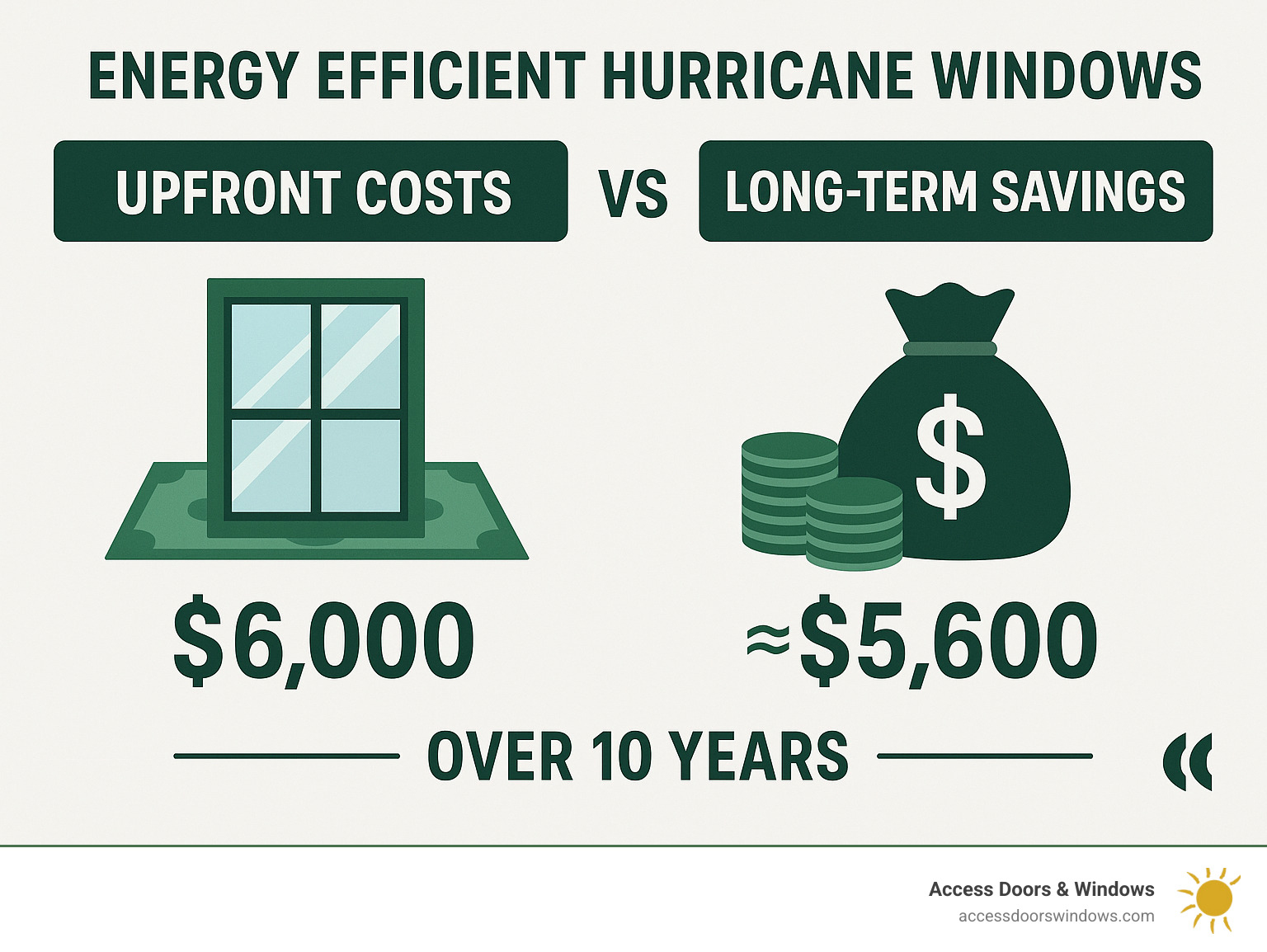 cost comparison infographic showing upfront costs vs long-term savings over 10 years for energy efficient hurricane windows - energy efficient hurricane windows infographic 
