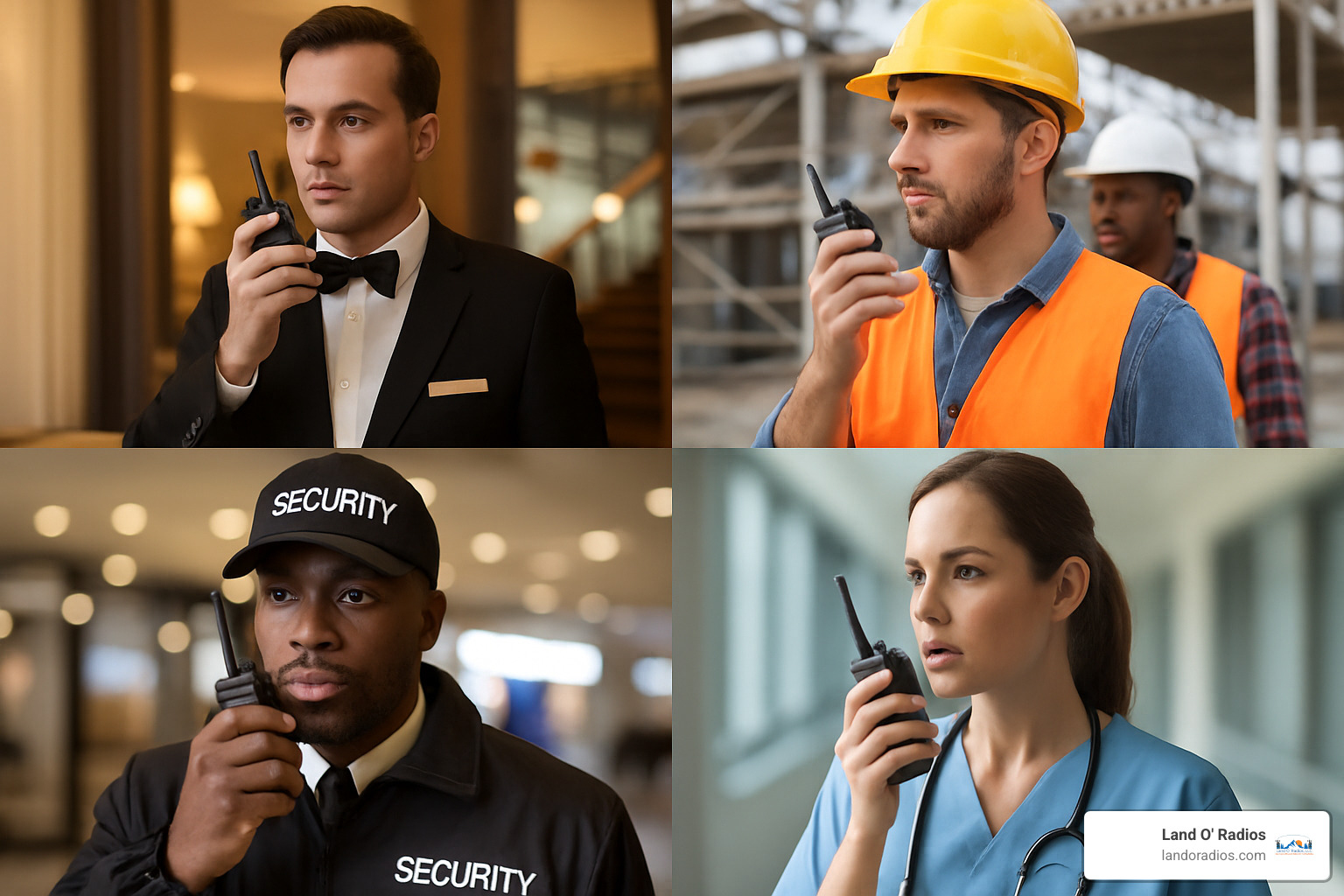 Industry montage showing various professionals using radios in different environments - difference between motorola uhf and vhf