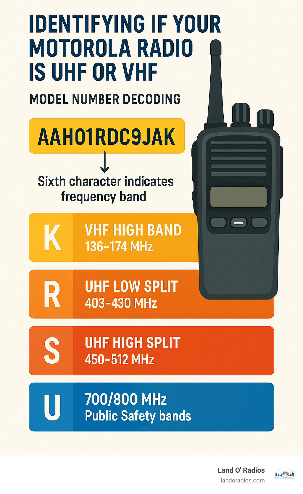 Infographic showing Motorola model number breakdown with frequency band indicators highlighted - difference between motorola uhf and vhf infographic 