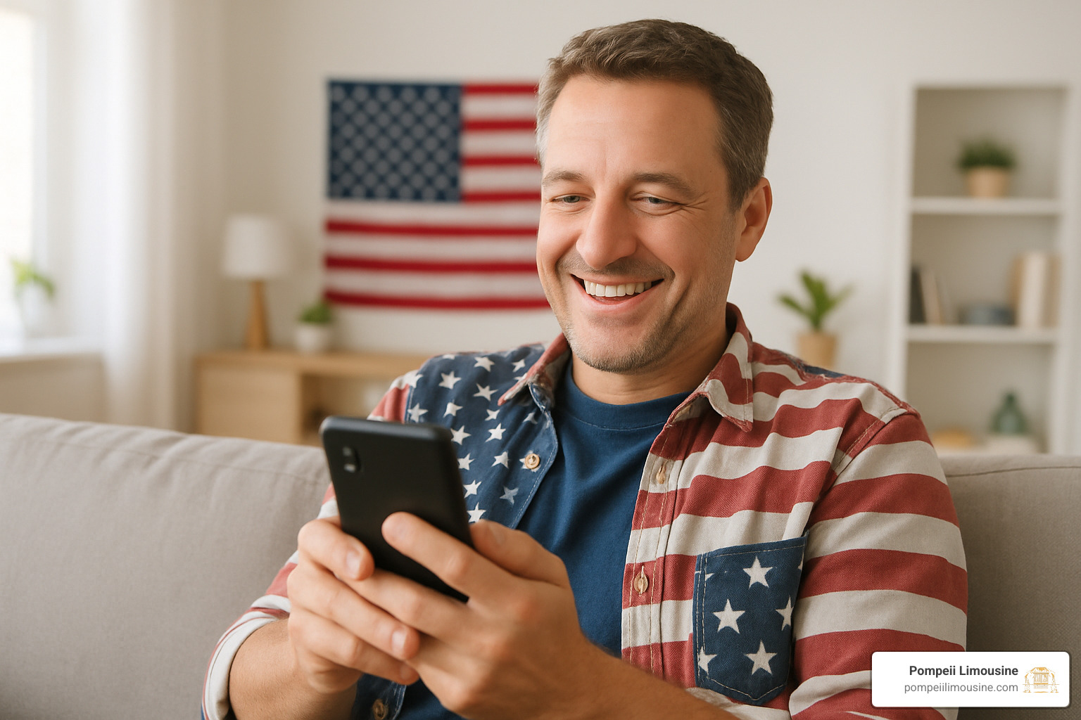 Happy customer using phone to book local service with satisfied smile - services near me