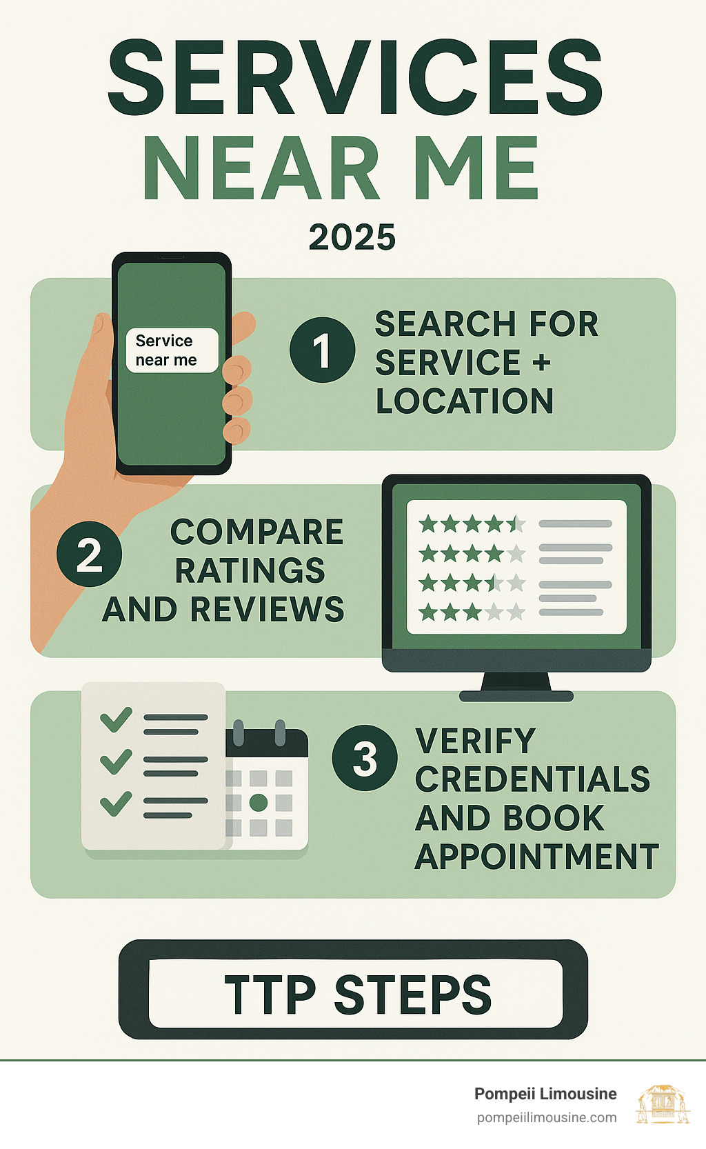 Infographic showing 3 steps: 1) Search for service type plus location on phone, 2) Compare ratings and reviews from multiple sources, 3) Verify credentials and book appointment - services near me infographic 