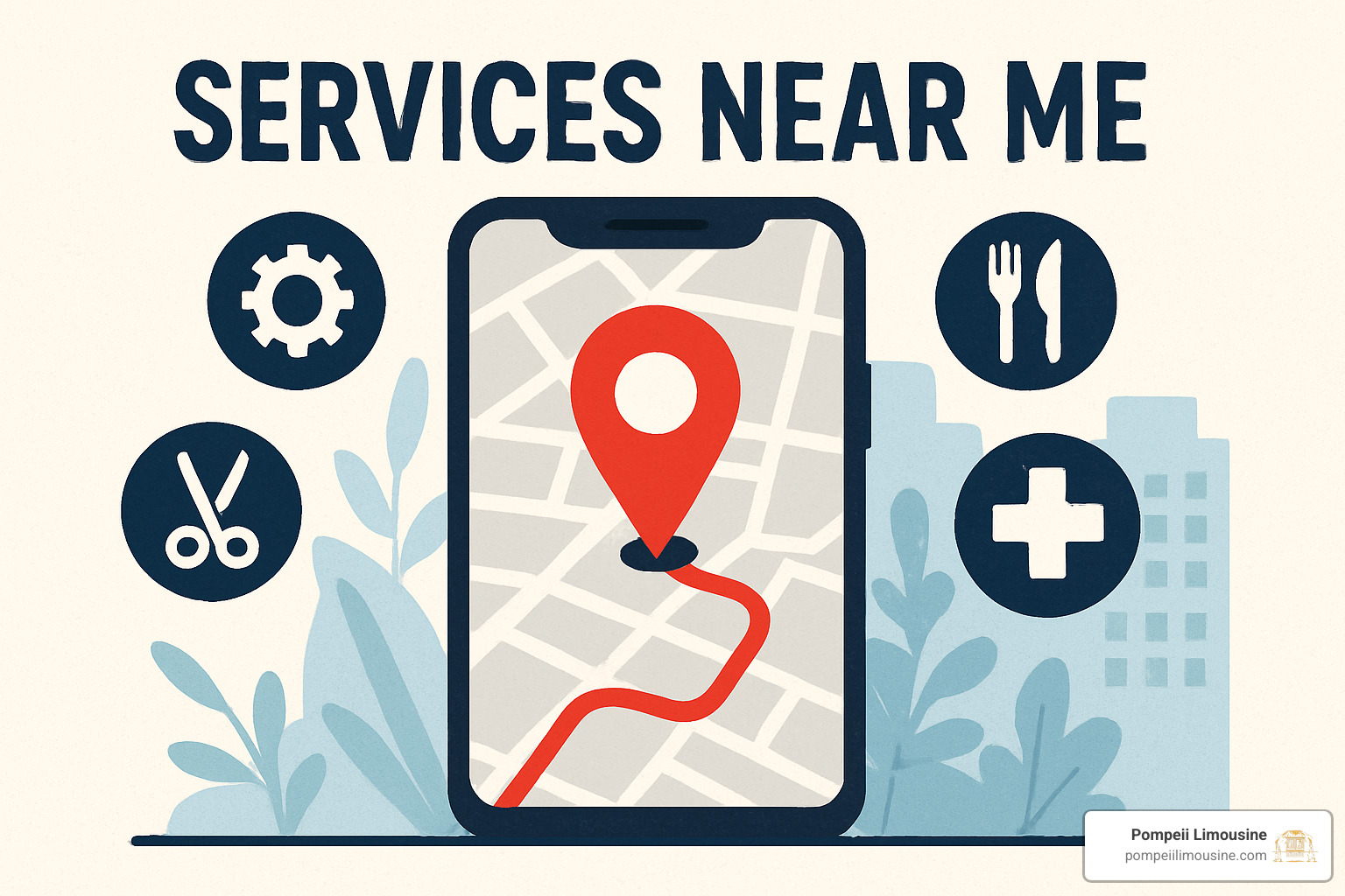 Grid of service icons showing auto repair, locksmith, electronics repair, document shredding, printing, pet grooming, limousine, moving, government offices, and health clinics - services near me