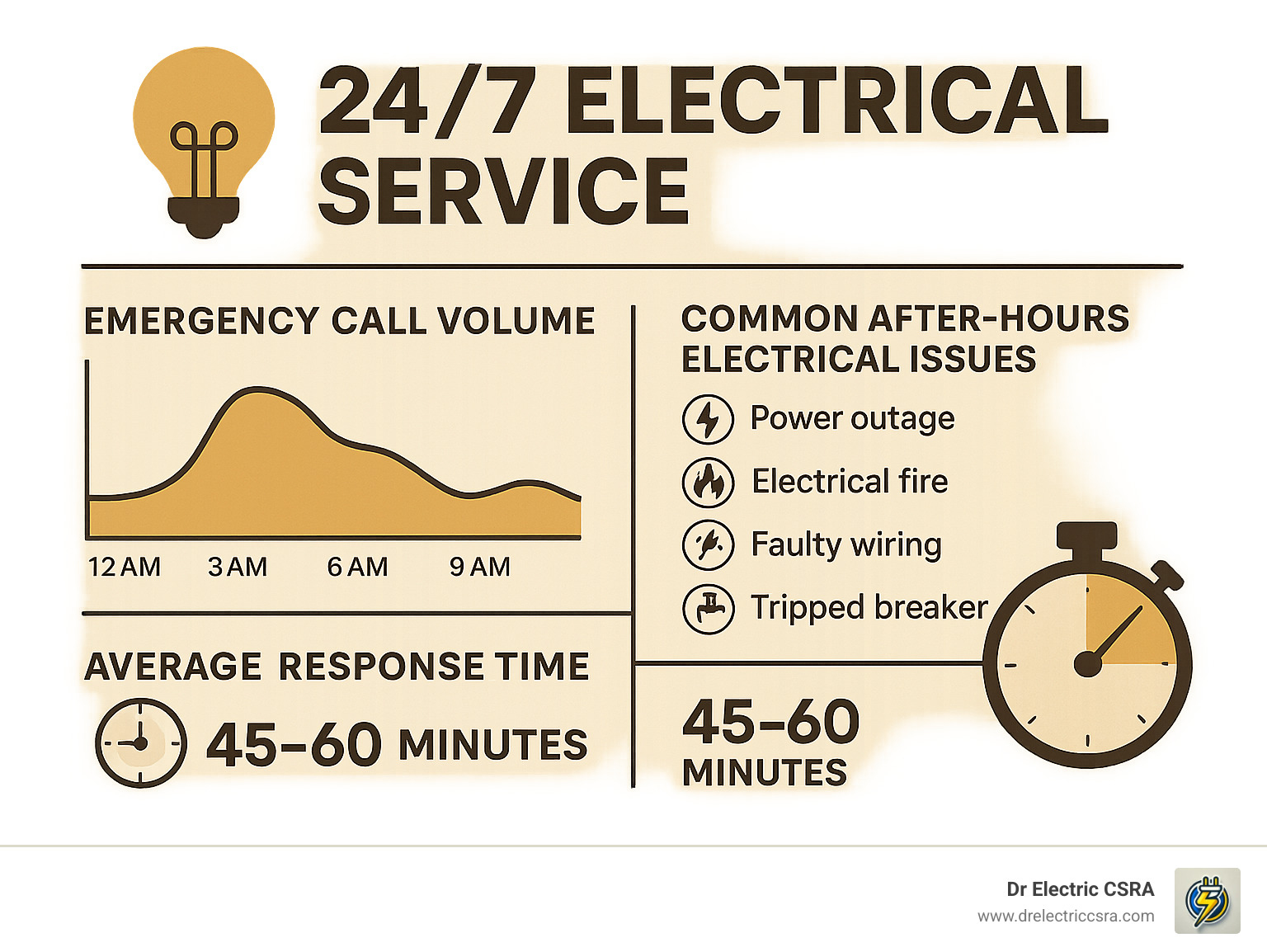 Infographic showing emergency electrical call volume by hour, common after-hours electrical issues, and average response times for 24/7 electrical service providers - 24 7 electrical service infographic 
