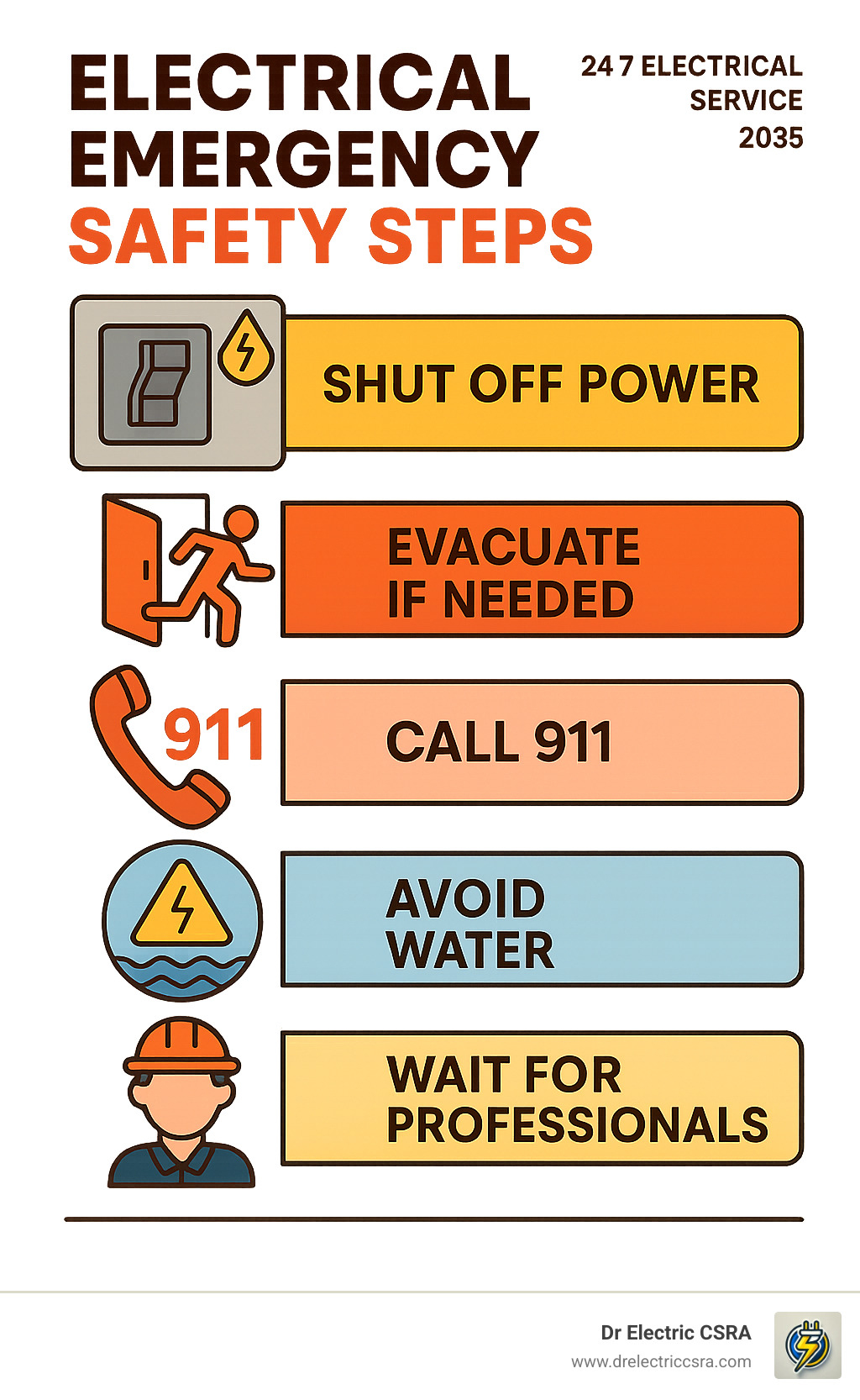 Infographic showing electrical emergency safety steps: shut off power, evacuate if needed, call 911, avoid water, wait for professionals - 24 7 electrical service infographic 
