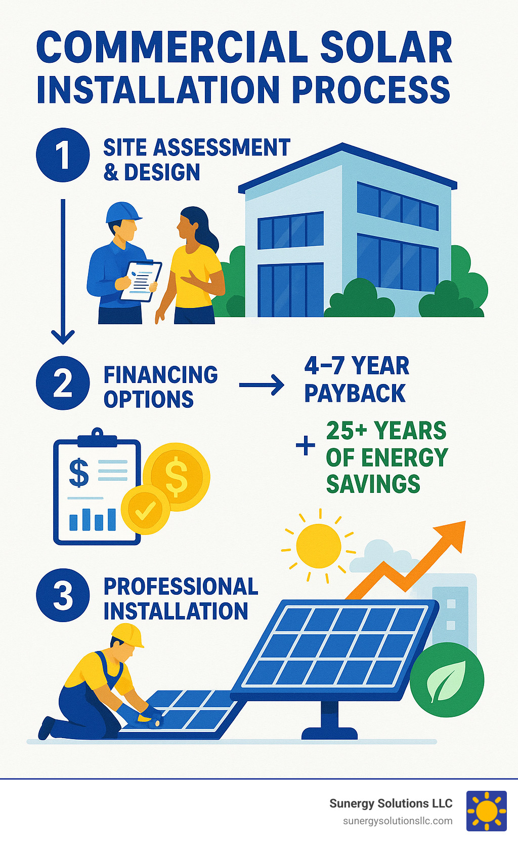 Infographic showing commercial solar installation process: site assessment leading to custom design, then financing options, professional installation, and 4-7 year payback timeline with 25+ years of energy savings - Commercial solar panel installers infographic