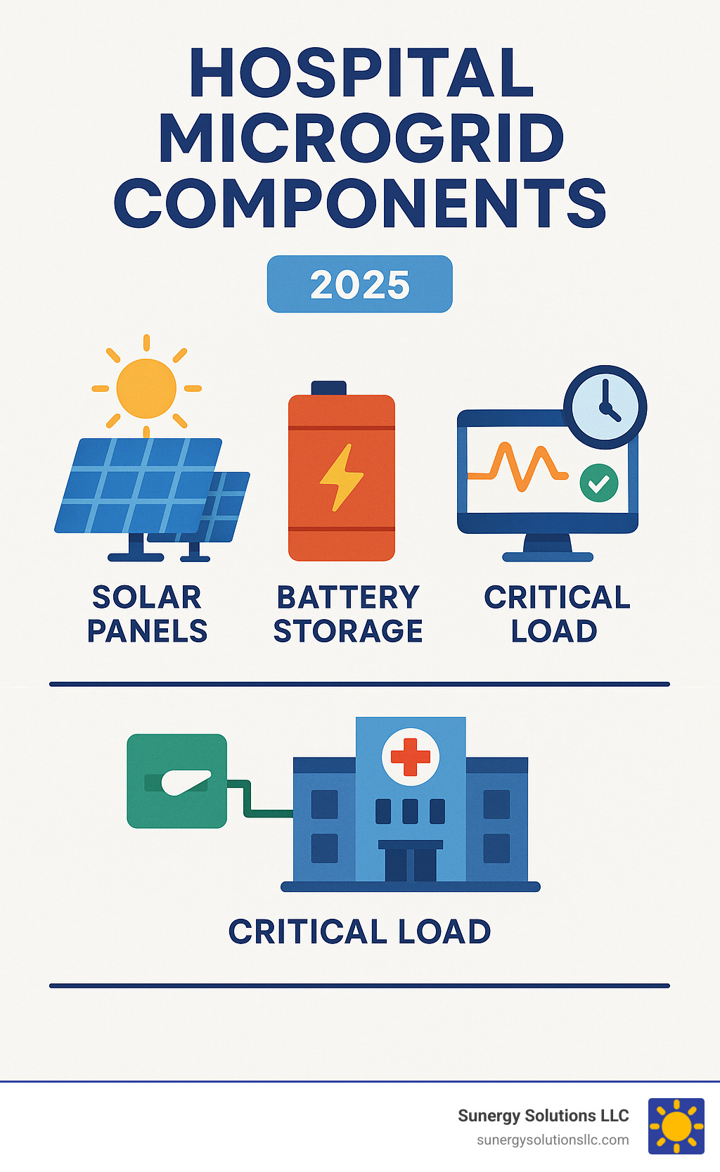 Infographic showing hospital microgrid components: solar panels generating power, battery storage for backup, critical load switching, and 24/7 monitoring system - Commercial solar panel installers infographic
