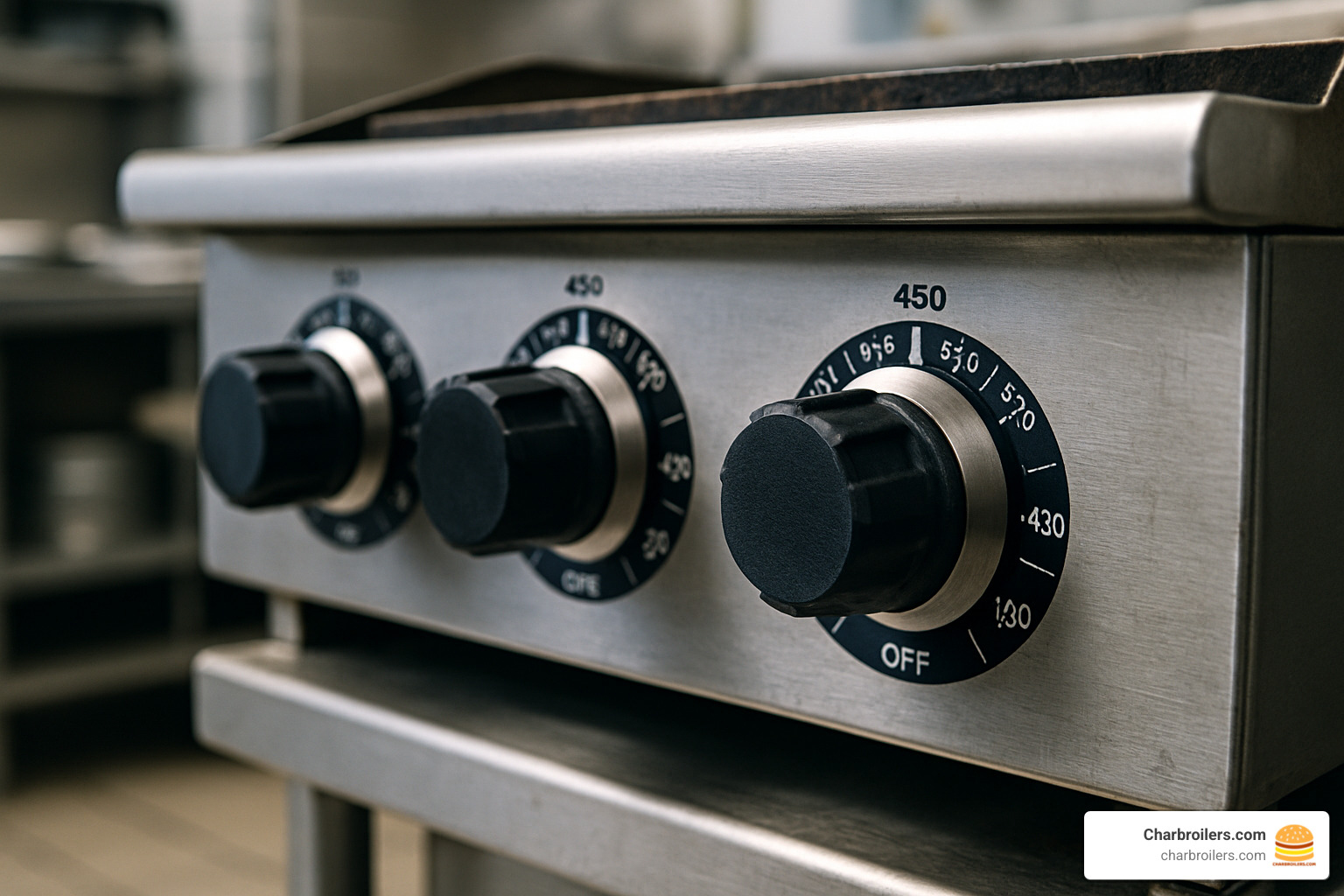 close-up of griddle control knobs - commercial griddle propane