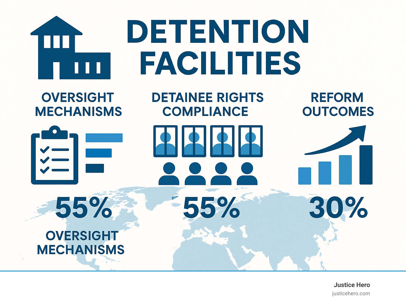 Statistical breakdown of detention facility oversight mechanisms, detainee rights compliance rates, and reform outcomes across different countries - detention facilities infographic 