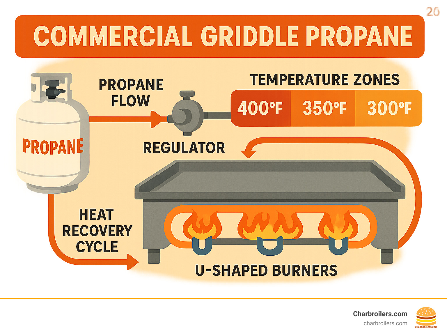 Infographic showing propane flow from tank through regulator to U-shaped burners, with heat recovery cycle and temperature zones across cooking surface - commercial griddle propane infographic 