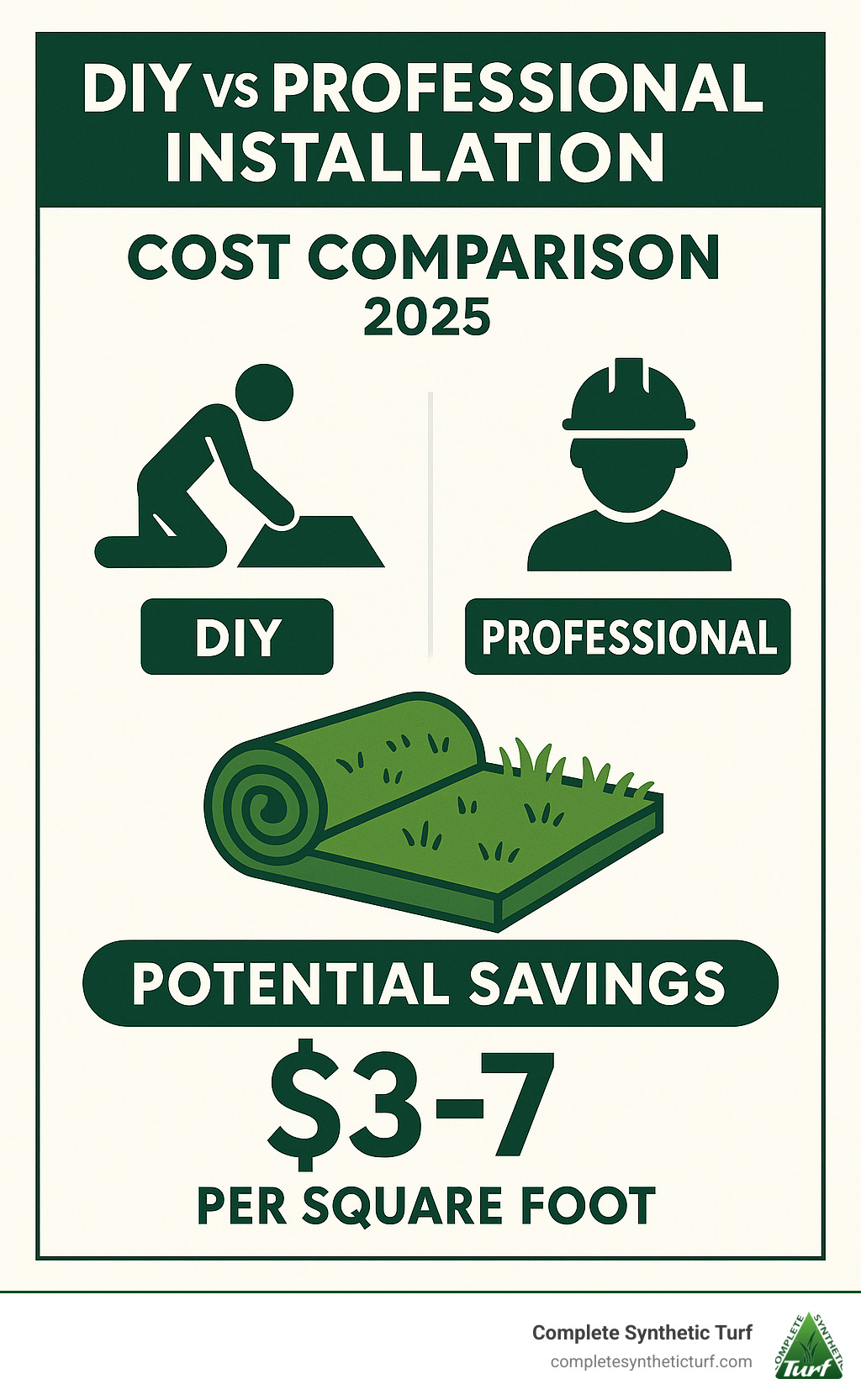 DIY vs professional installation cost comparison showing potential savings of $3-7 per square foot - turf cheap near me infographic 