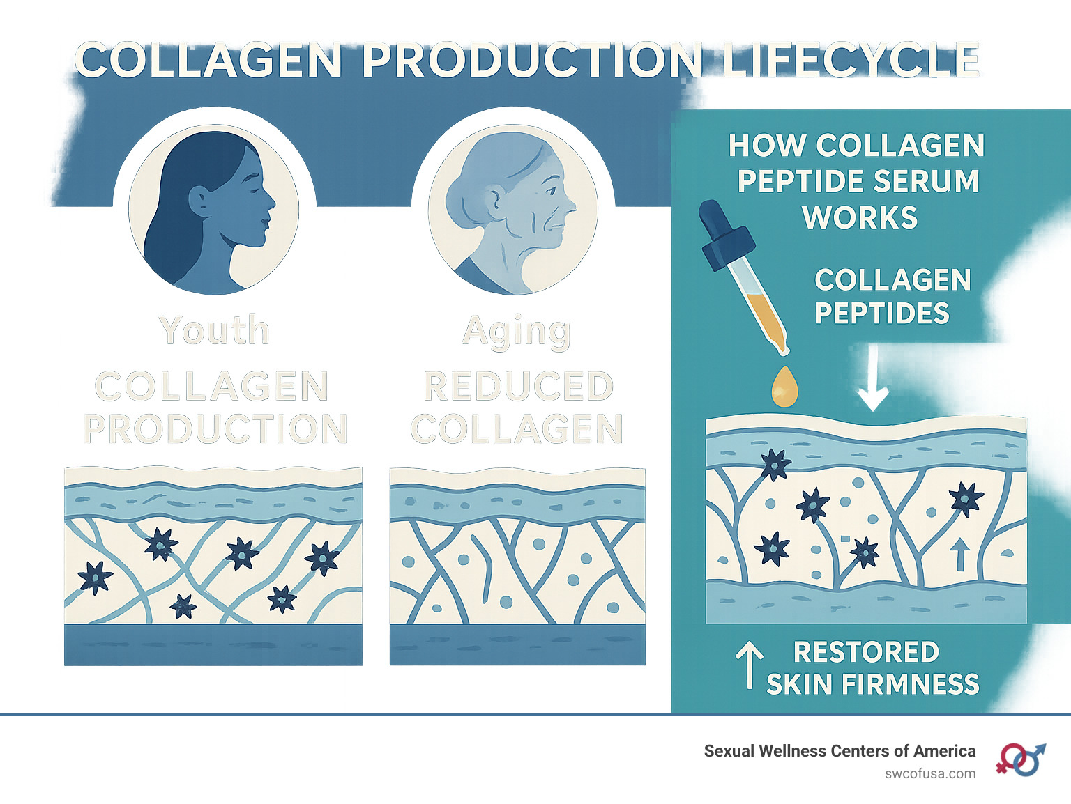 Detailed infographic showing the collagen production lifecycle from youth to aging, depicting how collagen peptide serums work at the cellular level to stimulate fibroblast activity and restore skin firmness - collagen peptide serum infographic