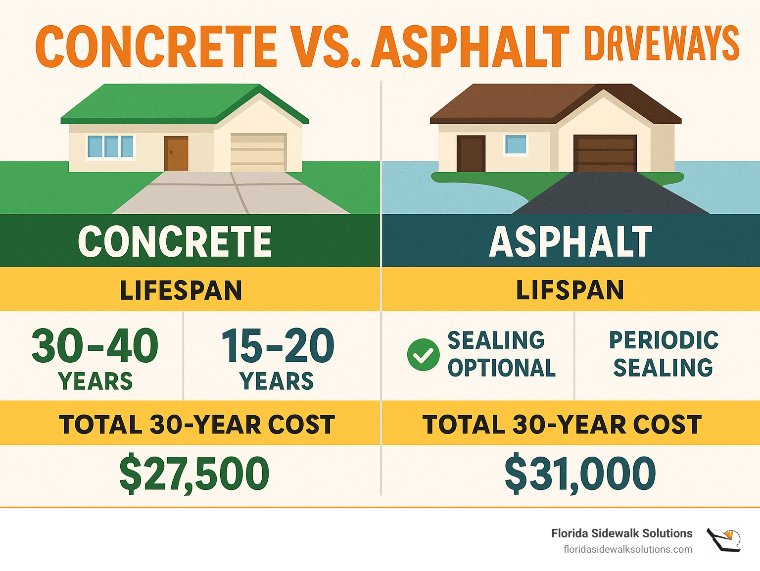 Detailed infographic comparing concrete vs asphalt driveway lifespan, maintenance requirements, and total cost of ownership over 30 years - cement driveway contractors infographic 