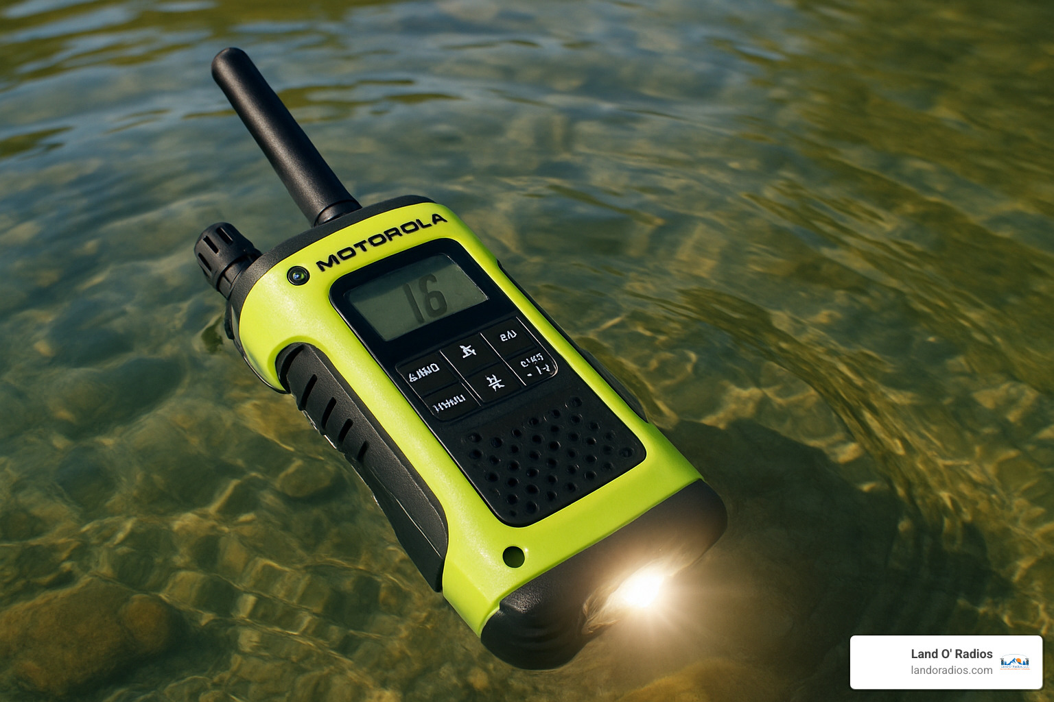 Motorola T600 floating in water with water-activated flashlight illuminated - motorola waterproof radio (ip rated)