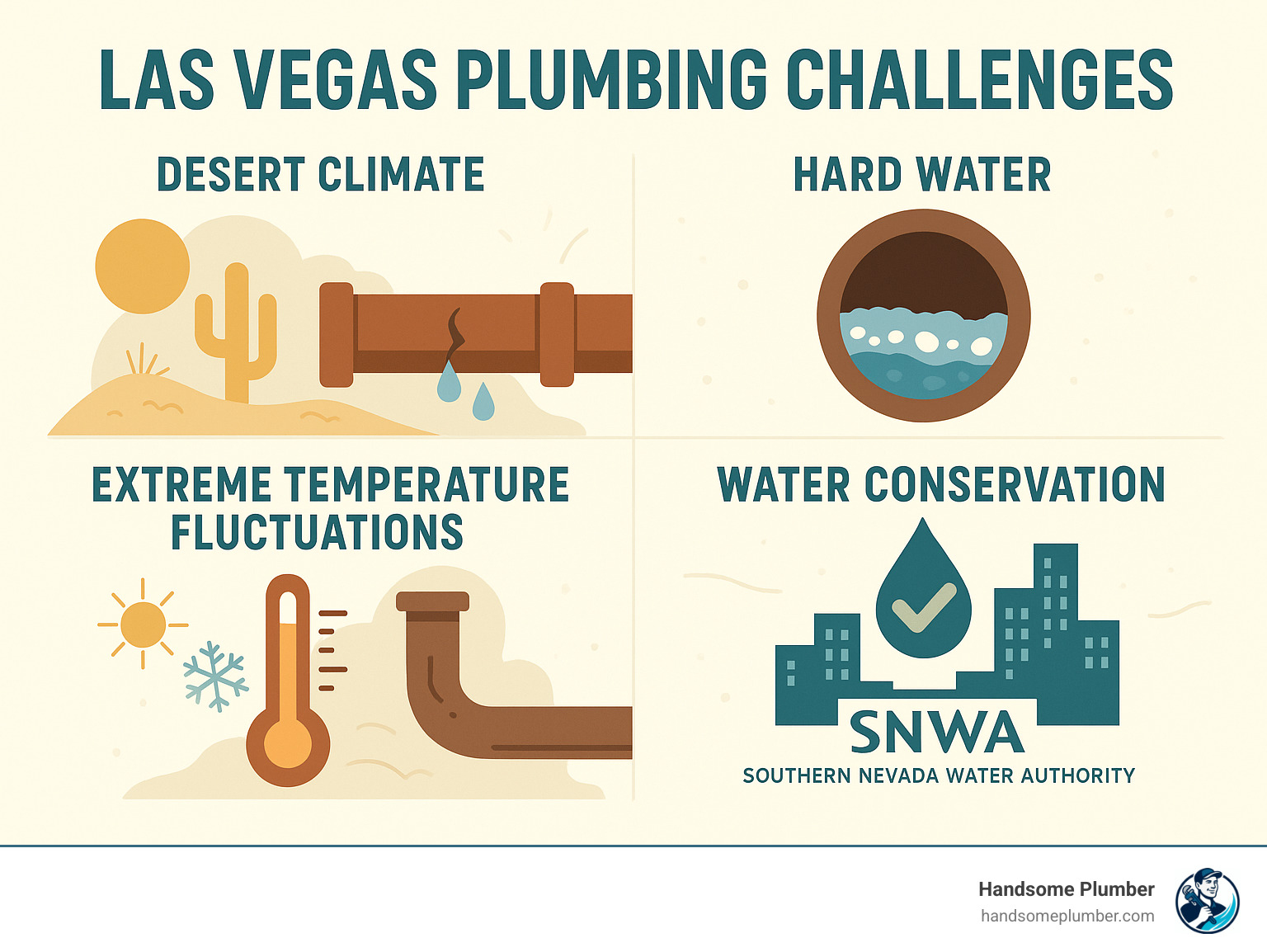 Las Vegas plumbing challenges infographic showing desert climate effects on pipes, hard water mineral buildup, extreme temperature fluctuations, and water conservation requirements with SNWA partnership logos - plumbing services Las Vegas infographic 