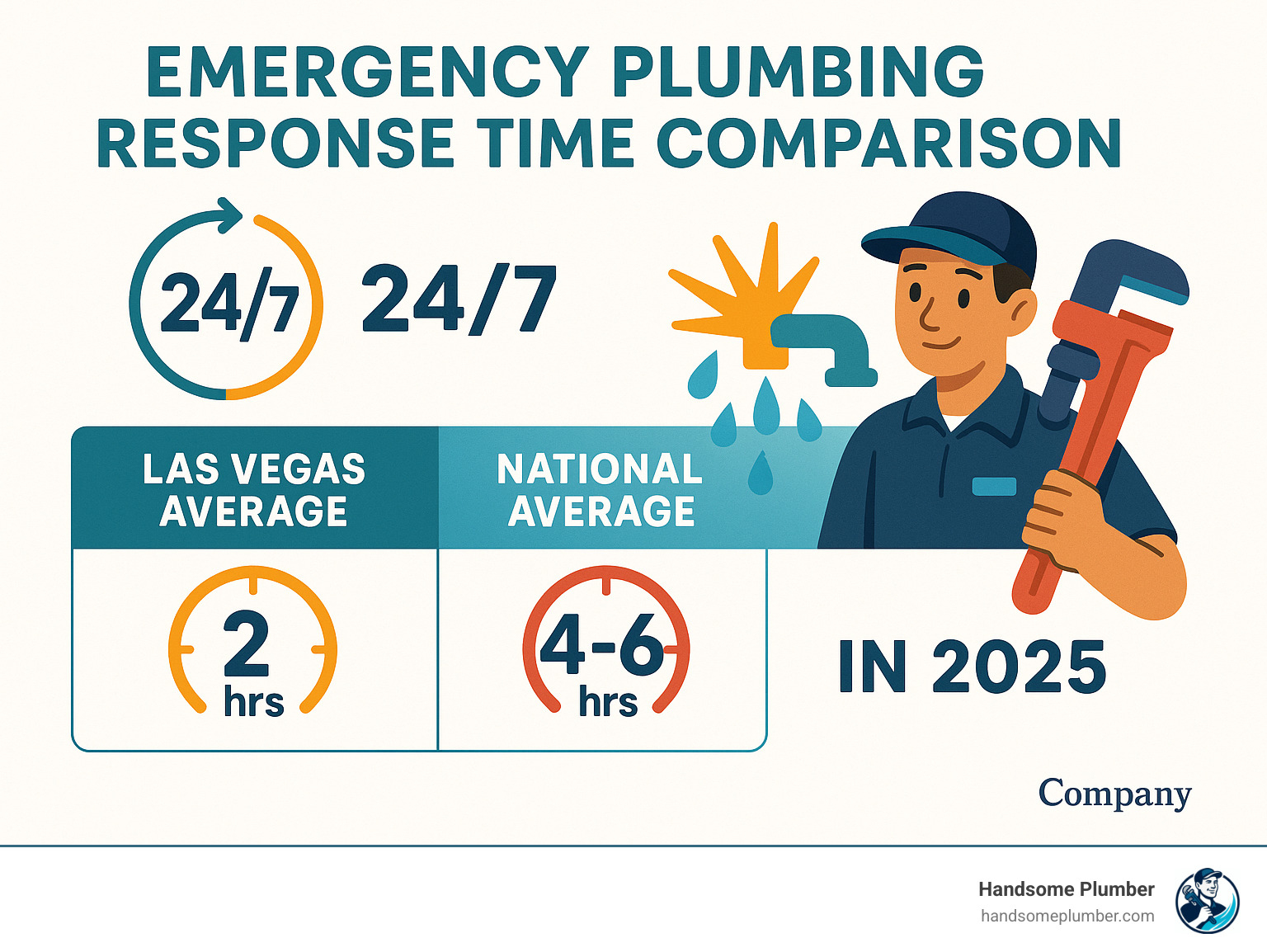 Emergency plumbing response time comparison showing Las Vegas average of 2 hours versus national average of 4-6 hours, with 24/7 availability statistics - plumbing services Las Vegas infographic 