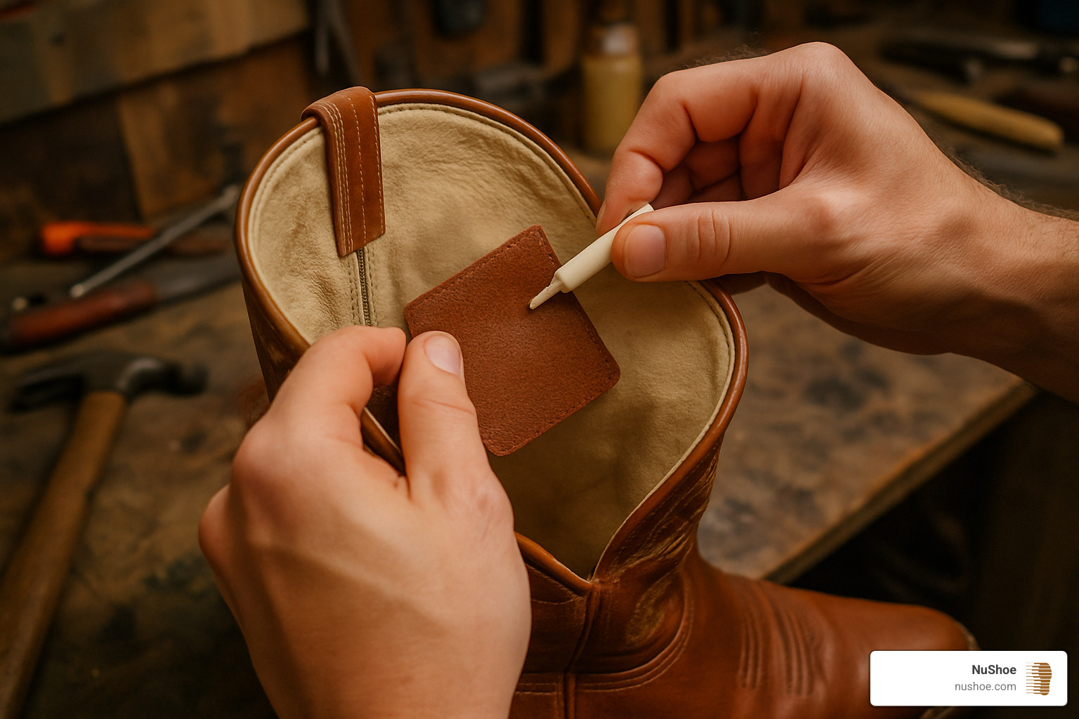 leather patch application on boot inner lining - inner split repair western boots
