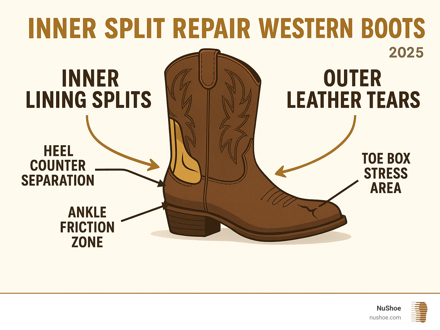 Detailed infographic showing the difference between inner lining splits versus outer leather tears, with arrows pointing to common failure points like heel counter separation, ankle friction zones, and toe box stress areas in western boot construction - inner split repair western boots infographic 
