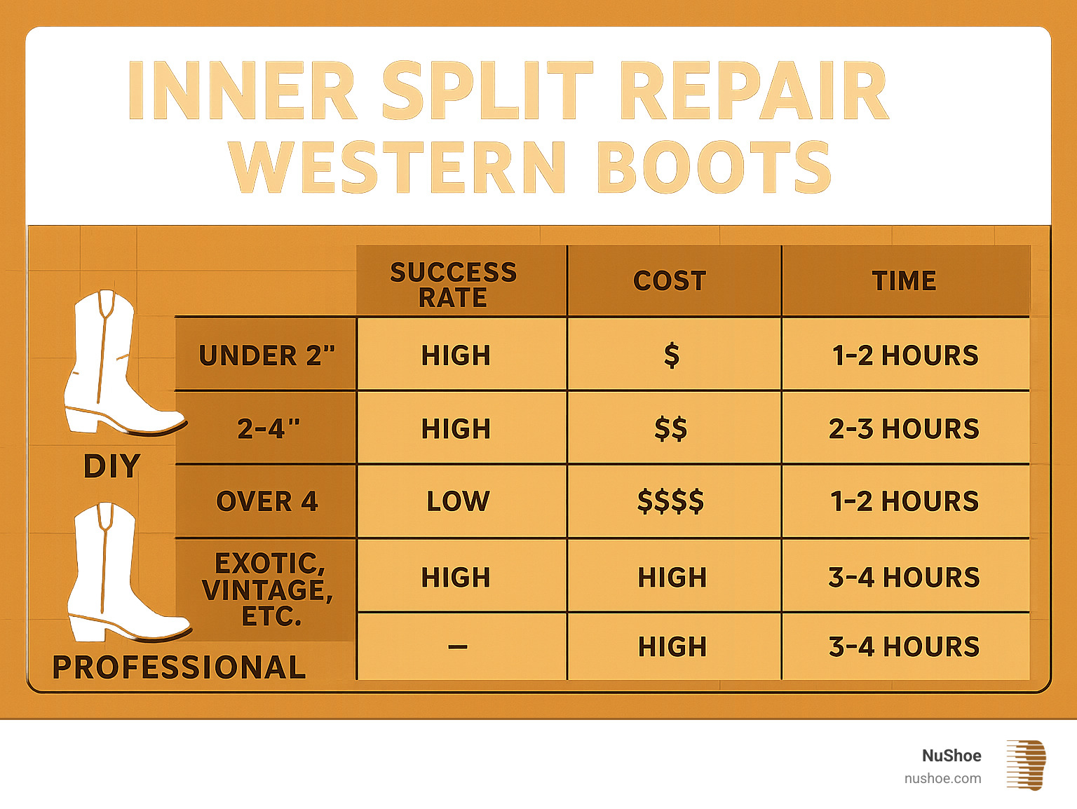 Comparison table showing DIY repair success rates, costs, and time requirements versus professional repair options for different split sizes and boot types - inner split repair western boots infographic 