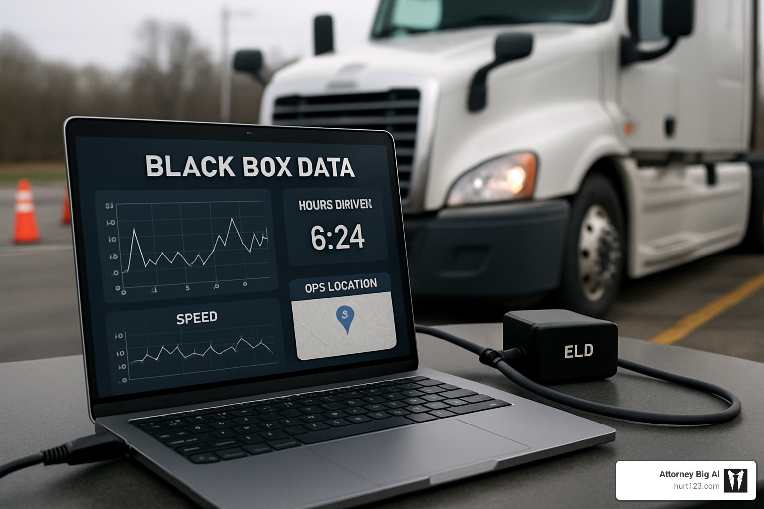 Black box data download showing electronic logging device information - commercial truck accident lawyer