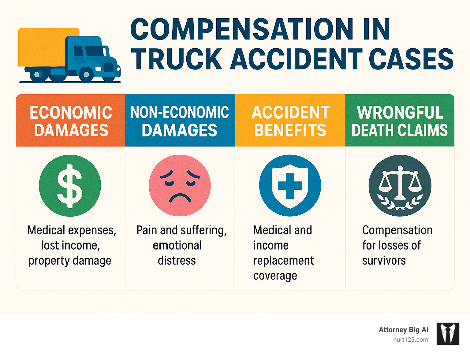 Infographic comparing different types of compensation available in truck accident cases: economic damages, non-economic damages, accident benefits, and wrongful death claims - commercial truck accident lawyer infographic 