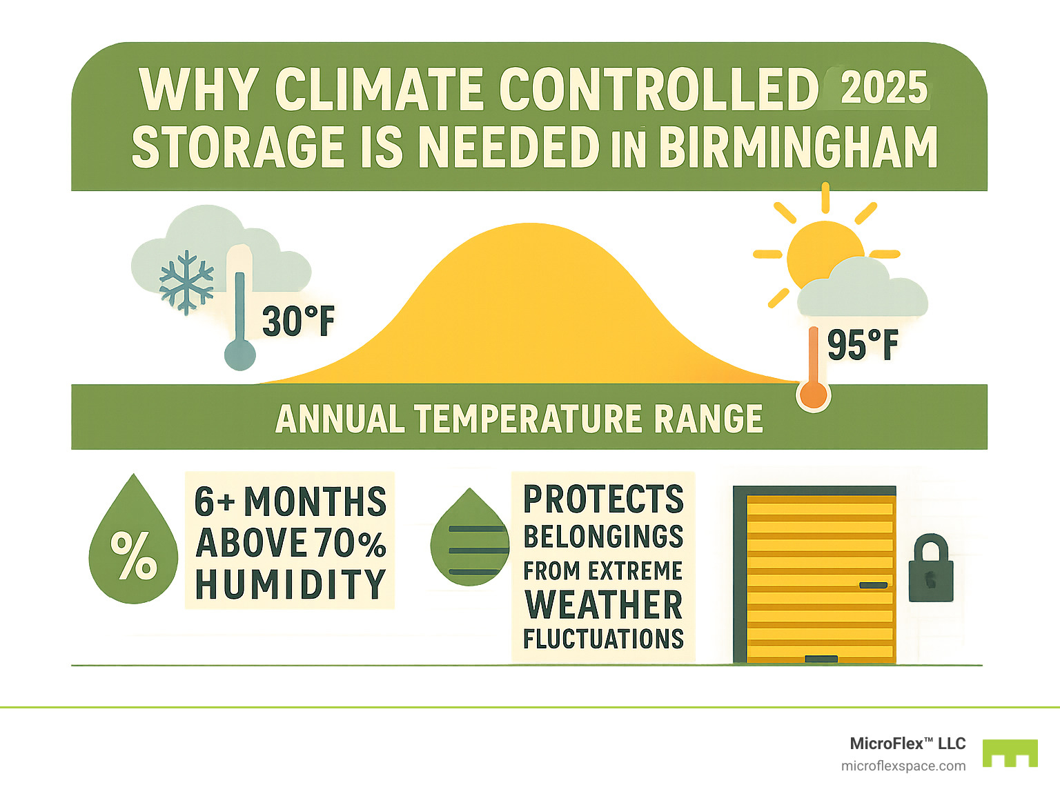 Infographic showing Birmingham's annual temperature range from 30°F winter lows to 95°F summer highs, with humidity levels above 70% for 6+ months, demonstrating why climate controlled storage is essential for protecting belongings from extreme weather fluctuations - climate controlled storage Birmingham infographic