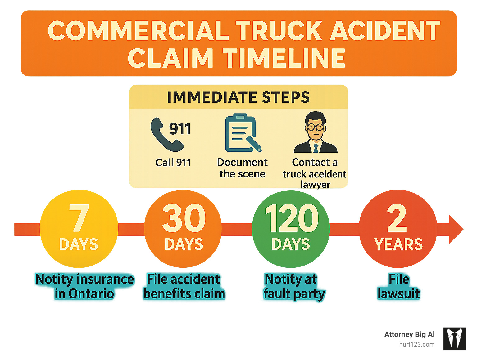 Infographic showing commercial truck accident claim timeline with key deadlines: 7 days to notify insurance in Ontario, 30 days to file accident benefits claim, 120 days to notify at-fault party, and 2 years to file lawsuit, plus immediate steps like calling 911, documenting scene, and contacting specialized truck accident lawyer - commercial truck accident lawyer infographic 