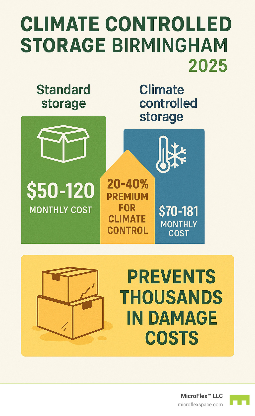 Infographic comparing monthly costs: Standard storage $50-120, Climate controlled $70-181, showing 20-40% premium for climate control but preventing thousands in damage costs - climate controlled storage Birmingham infographic