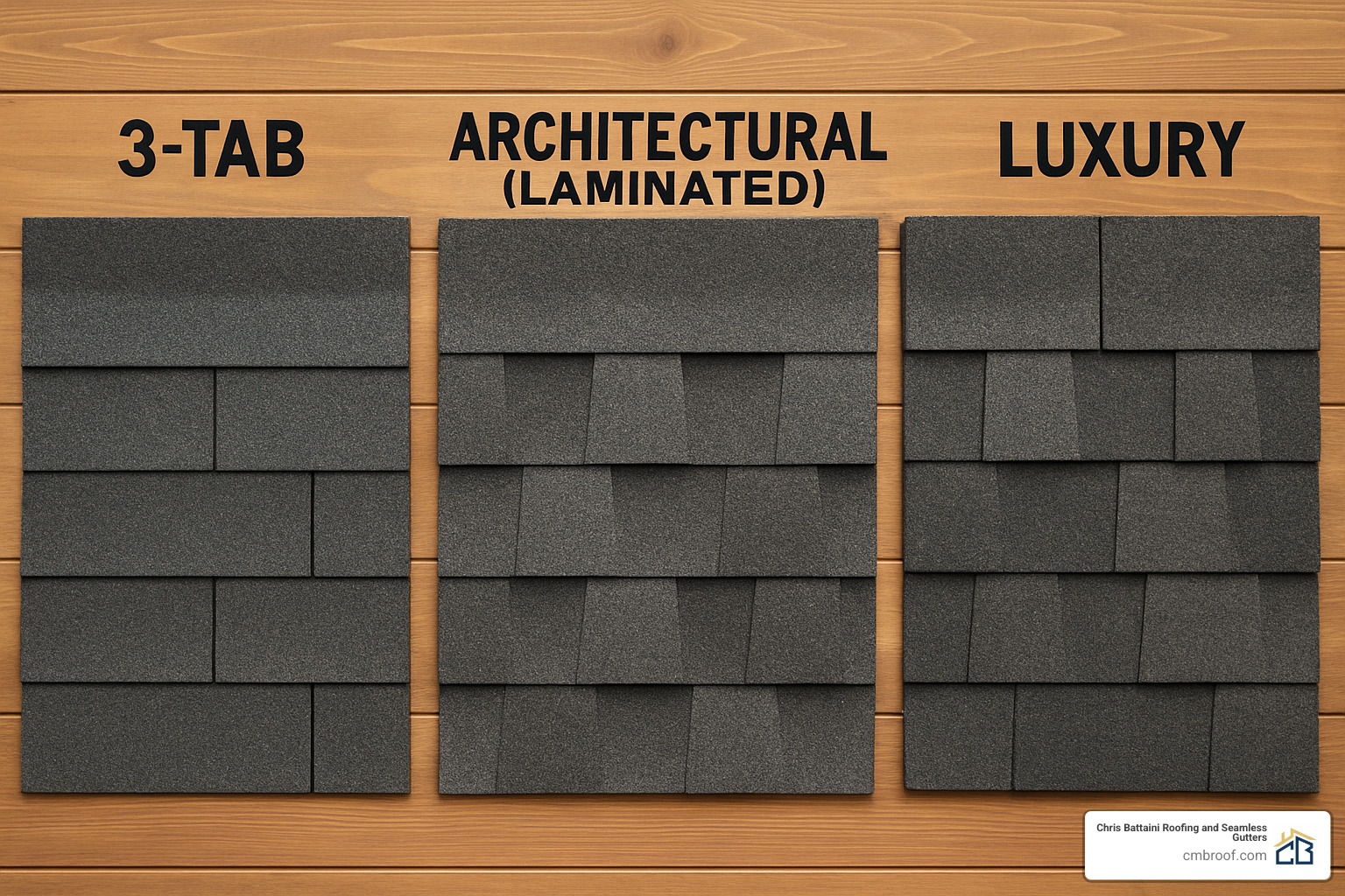 shingle comparison board showing 3-tab, architectural, and luxury shingles - asphalt roof replacement cost