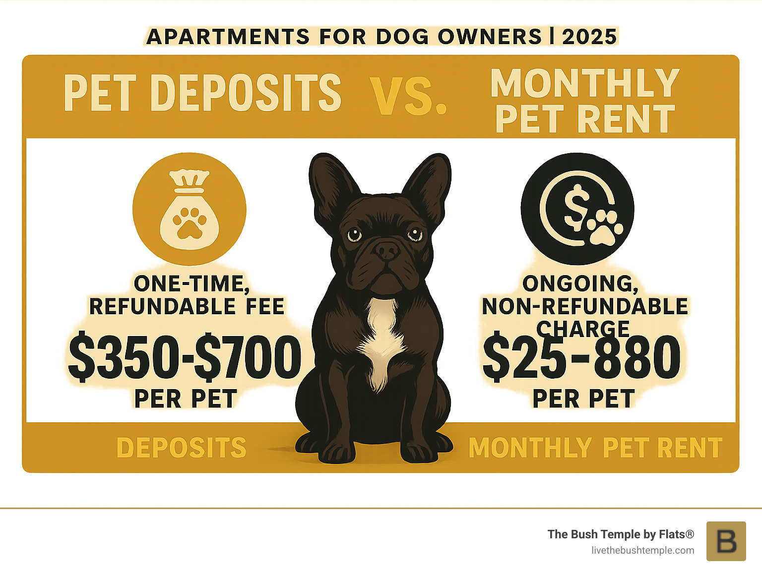 Infographic comparing pet deposits versus monthly pet rent: deposits are one-time refundable fees per pet, while monthly pet rent is ongoing non-refundable charges - apartments for dog owners infographic 