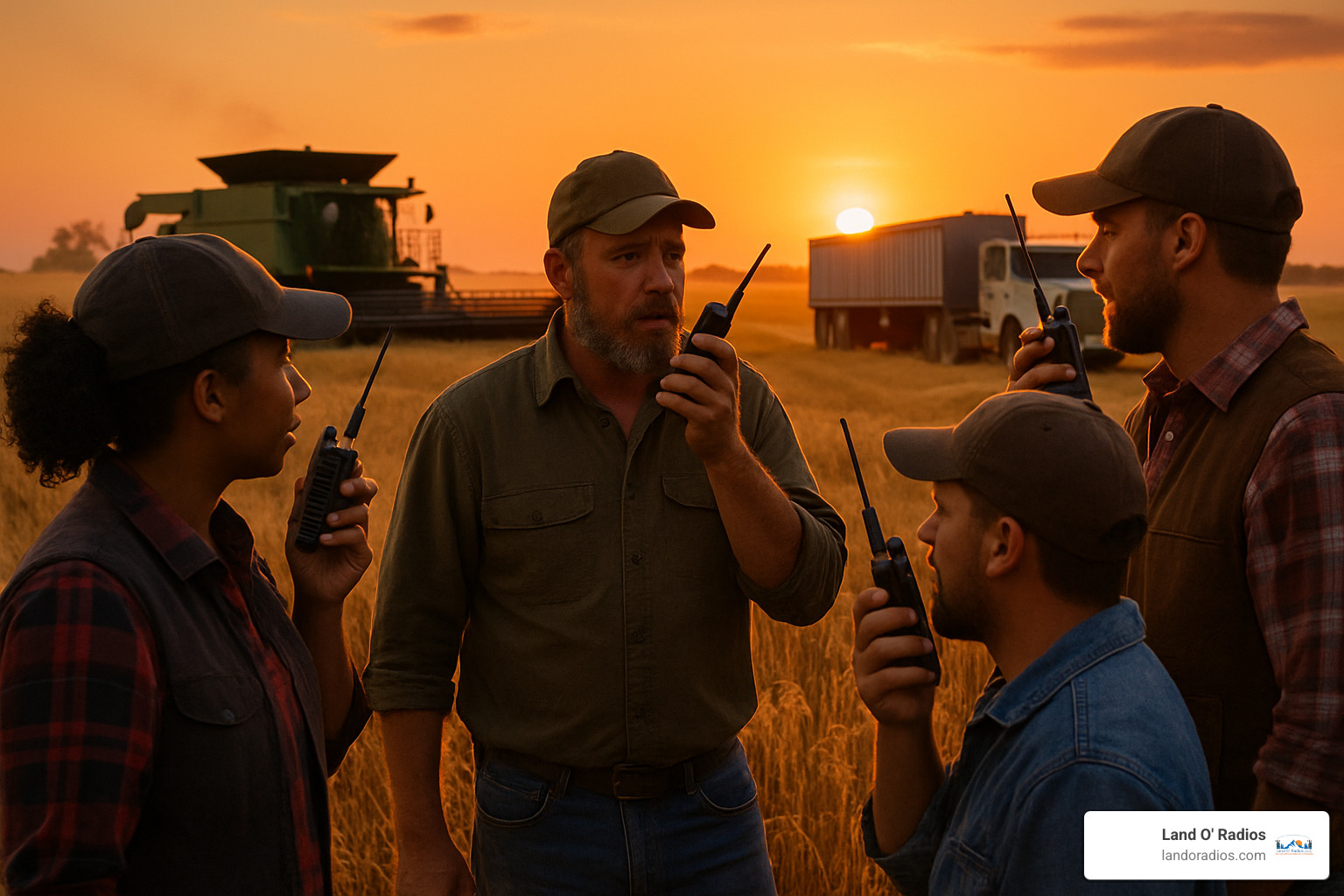 Sunset scene of harvest crew members using handheld radios to coordinate combines, grain trucks, and support vehicles across golden wheat fields - farm radios