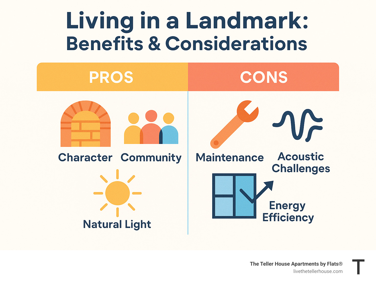 Infographic comparing benefits and considerations of unique apartment living, showing pros like character and community alongside cons like maintenance and acoustic challenges - unique chicago apartments infographic 