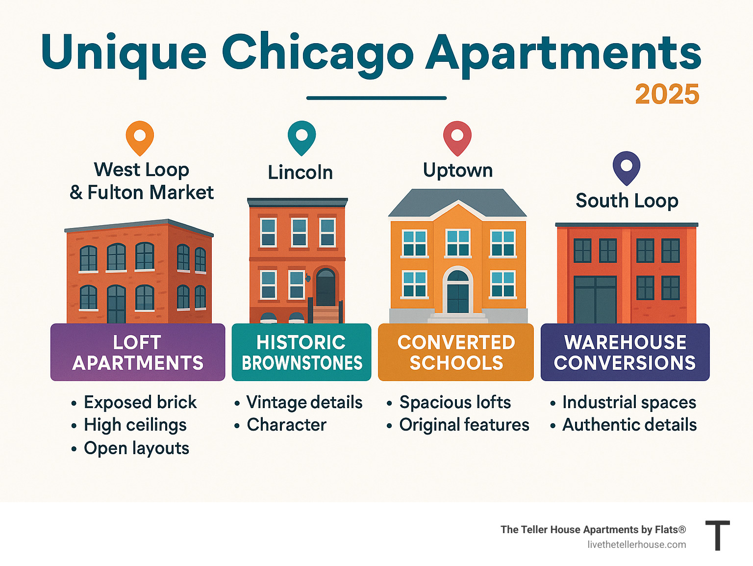 Infographic showing Chicago's unique apartment types by neighborhood, including loft concentrations in West Loop and Fulton Market, historic brownstones in Lincoln Park, converted schools in Uptown, and warehouse conversions in South Loop with key features like exposed brick, high ceilings, and original architectural details - unique chicago apartments infographic 