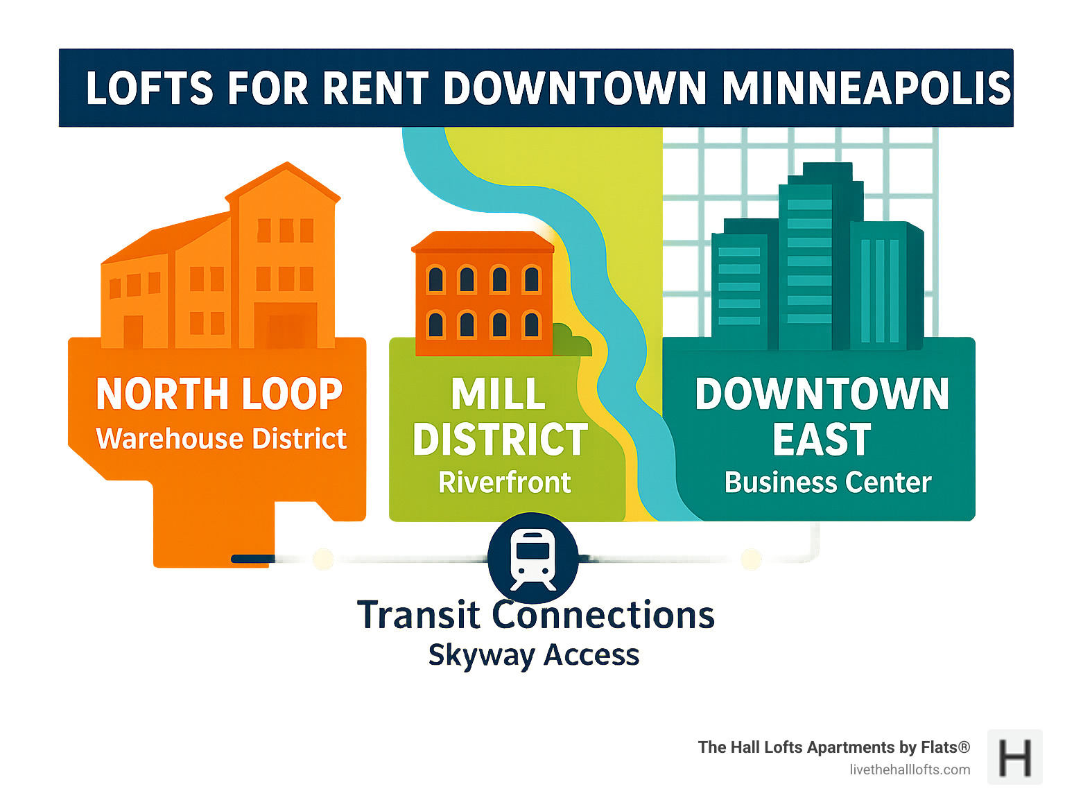 Neighborhood comparison showing North Loop warehouse district, Mill District riverfront, and Downtown East business center with transit connections and skyway access - lofts for rent downtown minneapolis infographic Neighborhood comparison showing North Loop warehouse district, Mill District riverfront, and Downtown East business center with transit connections and skyway access - lofts for rent downtown minneapolis infographic