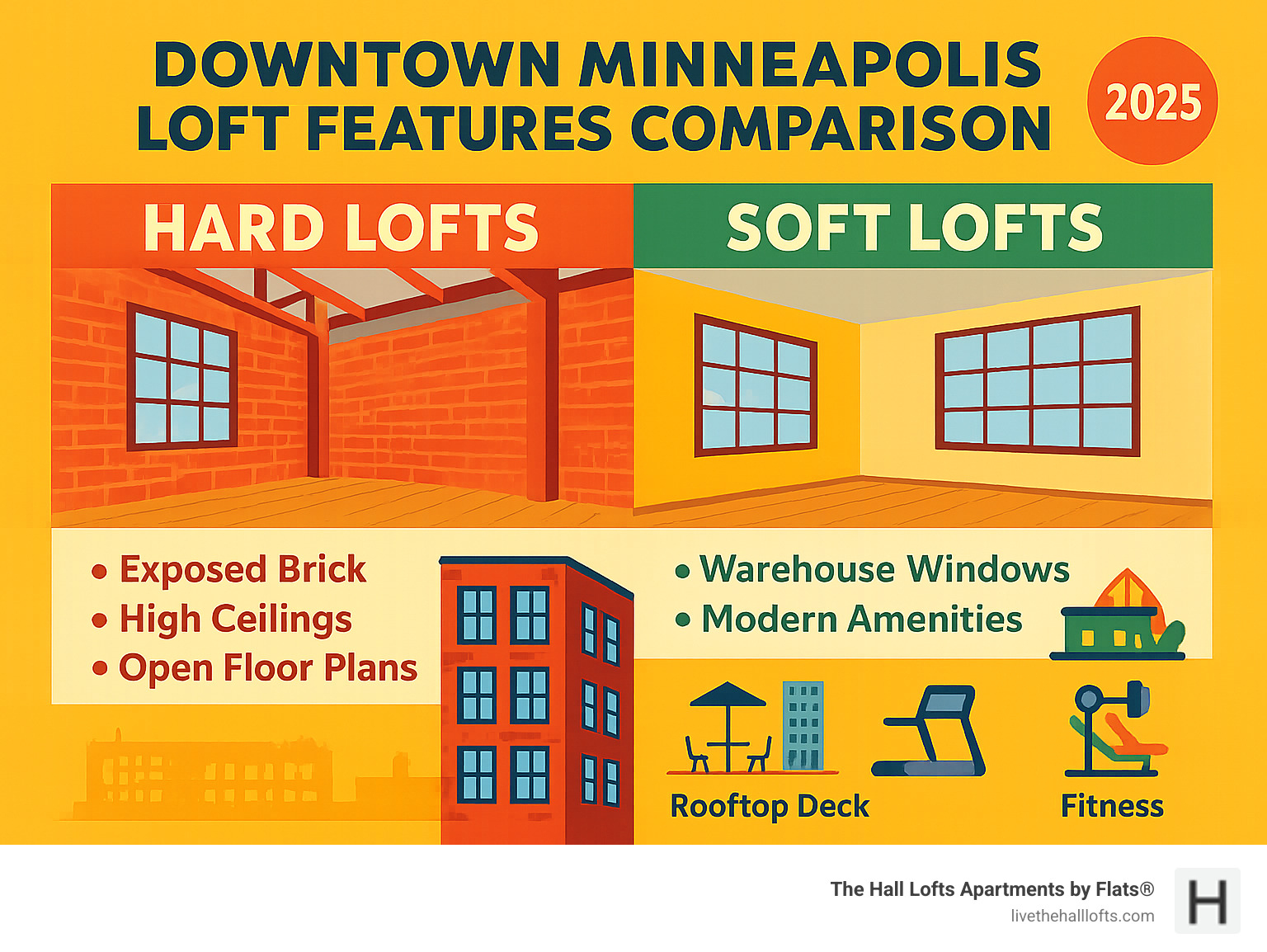 Downtown Minneapolis loft features comparison showing hard lofts versus soft lofts with exposed brick, high ceilings, open floor plans, warehouse windows, and modern amenities like rooftop decks and fitness centers - lofts for rent downtown minneapolis infographic Downtown Minneapolis loft features comparison showing hard lofts versus soft lofts with exposed brick, high ceilings, open floor plans, warehouse windows, and modern amenities like rooftop decks and fitness centers - lofts for rent downtown minneapolis infographic