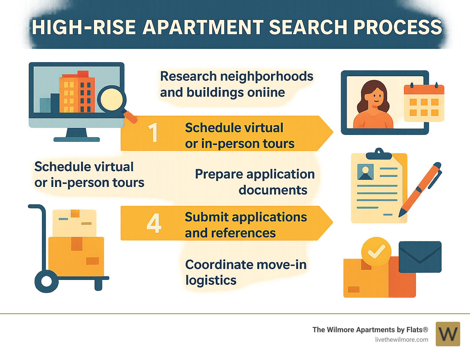 Infographic showing the high-rise apartment search process: 1) Research neighborhoods and buildings online, 2) Schedule virtual or in-person tours, 3) Prepare application documents, 4) Submit applications and references, 5) Coordinate move-in logistics - High-rise apartments Chicago infographic 