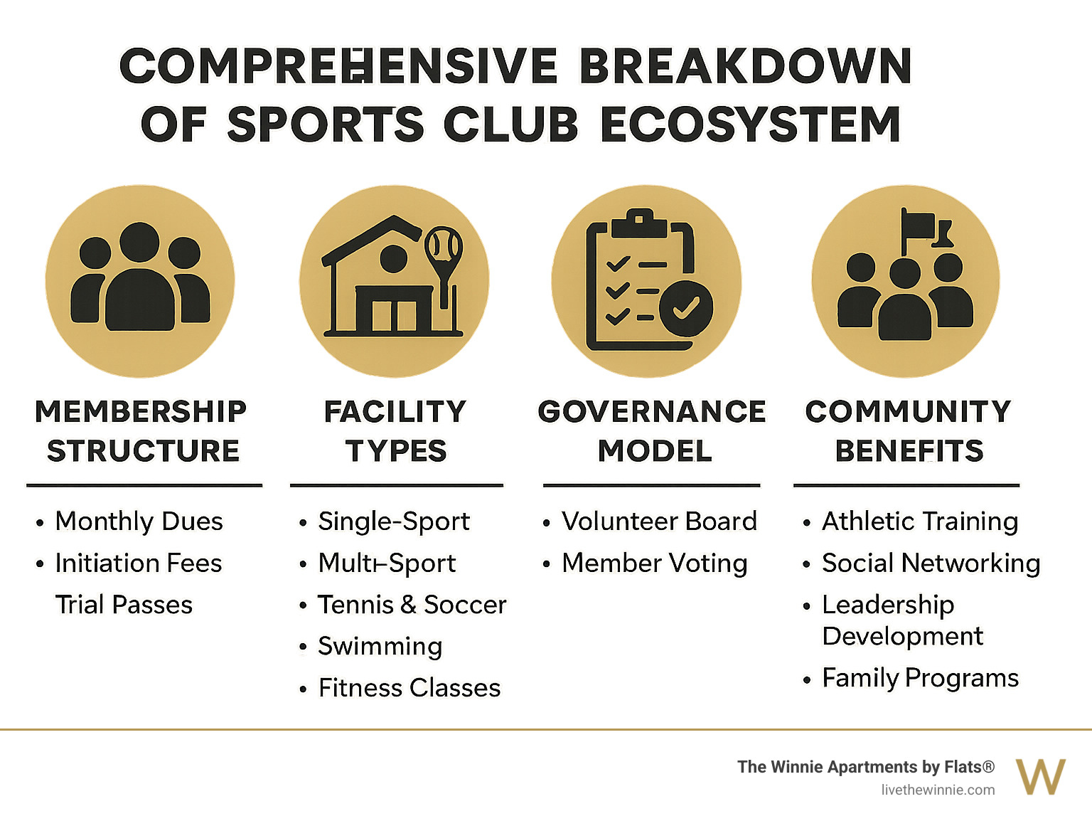 Comprehensive breakdown of sports club ecosystem showing membership structure, facility types, governance model, and community benefits - sports club infographic 