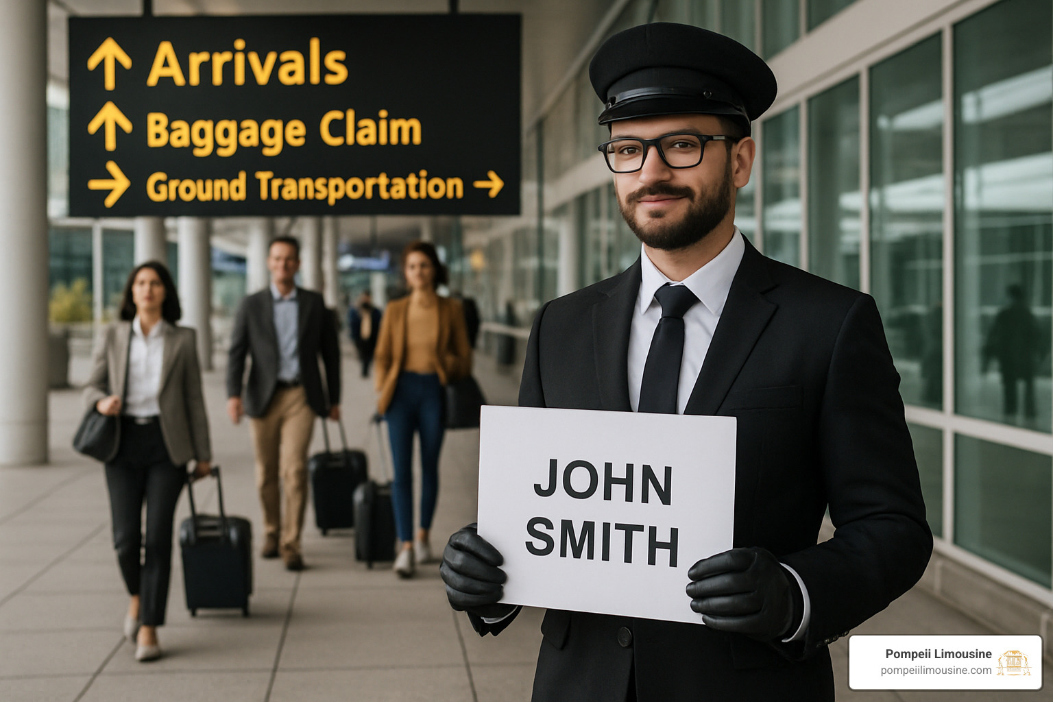 chauffeur greeting passengers at airport arrivals gate - private chauffeur service