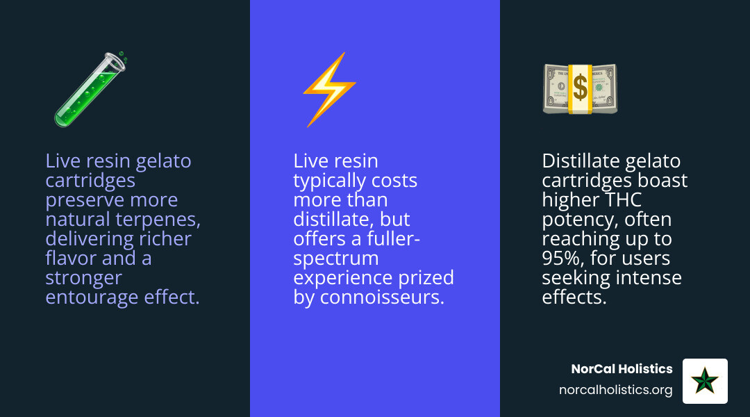 Comparison table showing live resin vs distillate potency levels, terpene preservation, and price points for gelato cartridges - gelato cartridge infographic 3_facts_emoji_blue