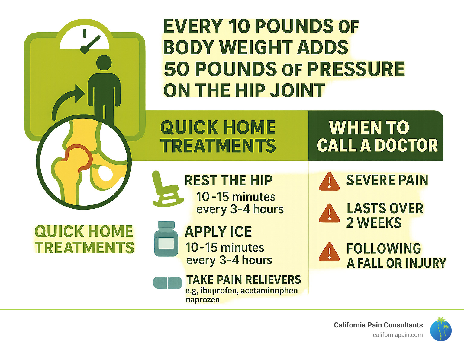 Infographic showing how every 10 pounds of body weight adds 50 pounds of pressure on the hip joint, with quick home treatments and red flags for when to call a doctor, structured for featured snippet - pain management for hip pain infographic 