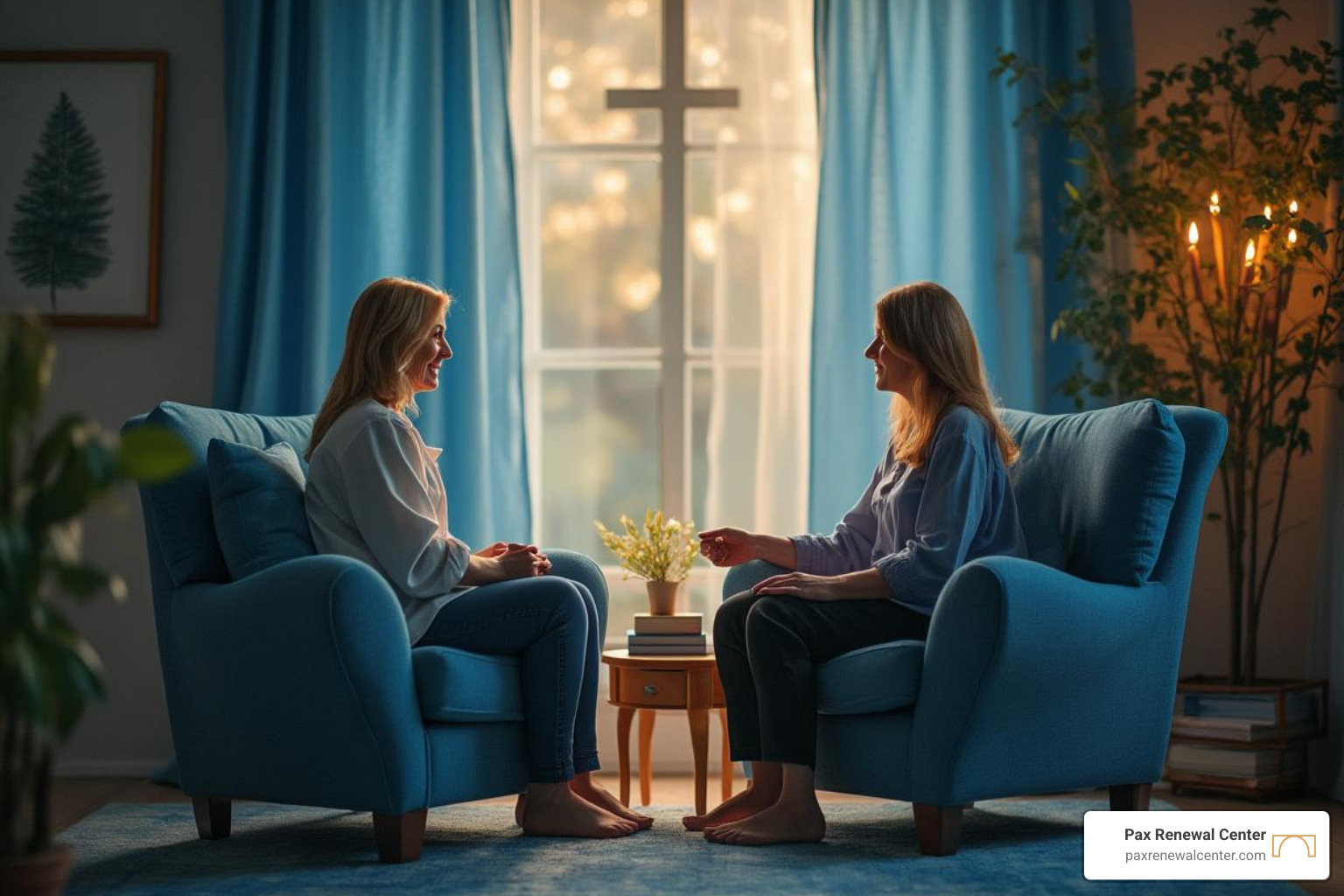 peaceful faith-based therapy session, hope and renewal, blue and gold - faith based therapy