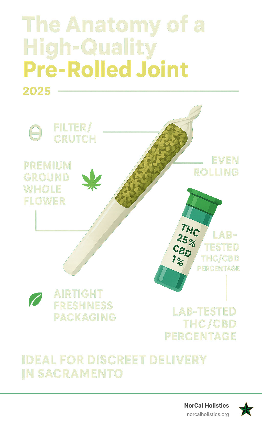 Infographic showing anatomy of a high-quality pre-rolled joint: filter/crutch, premium ground whole flower, even rolling, smooth paper, airtight freshness packaging, and lab-tested THC/CBD percentage on label; ideal for discreet delivery in Sacramento - best pre rolled joints infographic Infographic showing anatomy of a high-quality pre-rolled joint: filter/crutch, premium ground whole flower, even rolling, smooth paper, airtight freshness packaging, and lab-tested THC/CBD percentage on label; ideal for discreet delivery in Sacramento - best pre rolled joints infographic