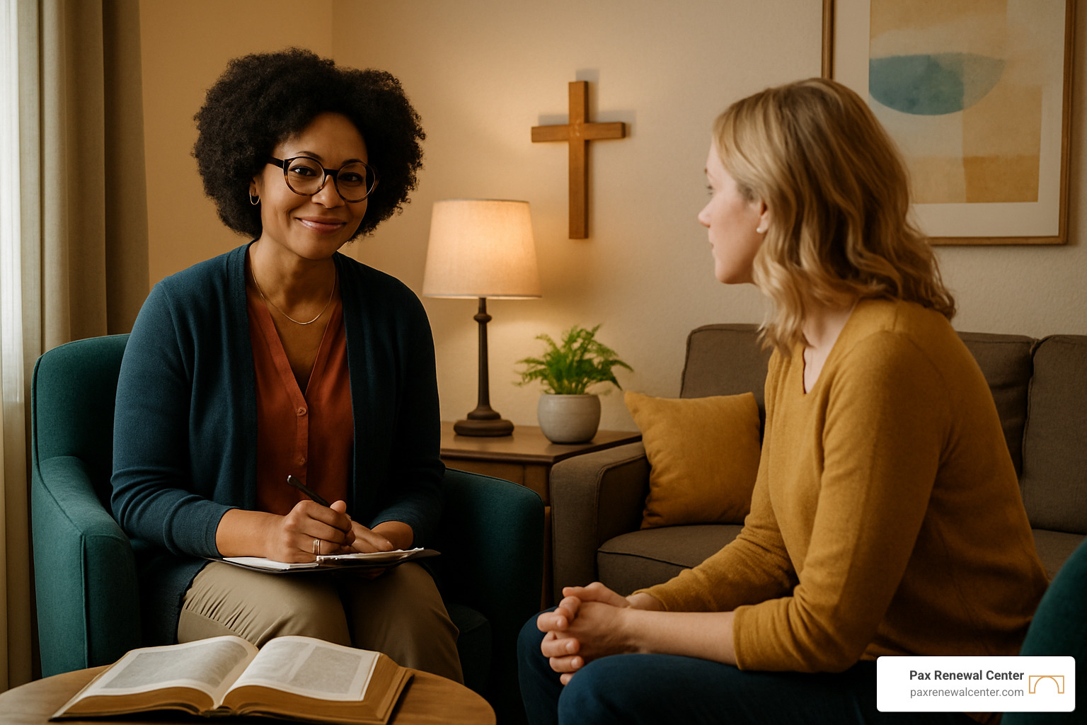 peaceful counseling setting with faith and healing theme, brand colors - faith based therapy