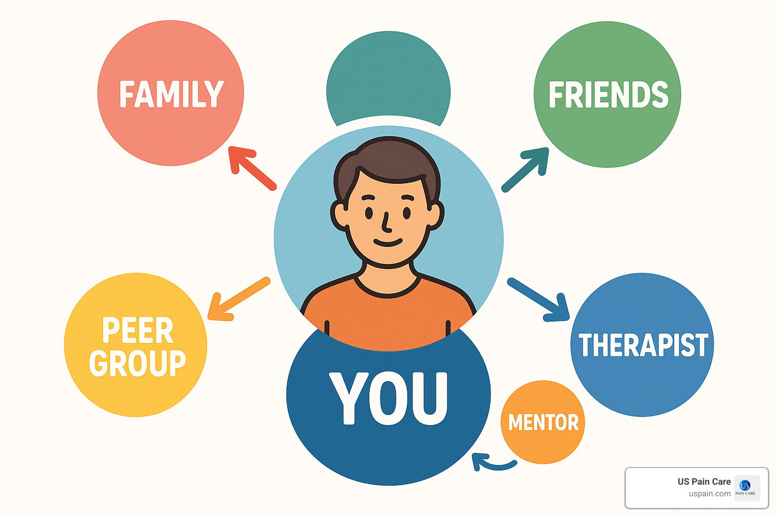 Network wheel diagram showing central person surrounded by family, friends, peer group, therapist, and mentor, with arrows to each - finding the right support network addiction recovery